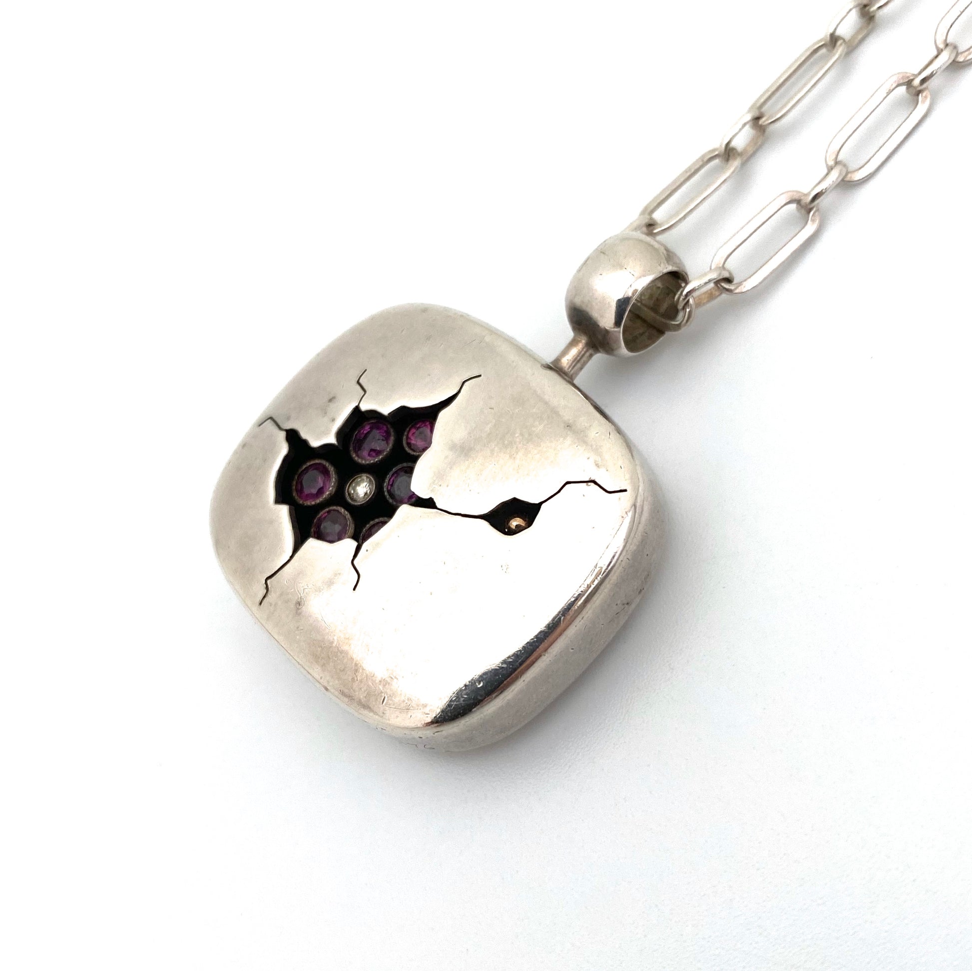 detail Walter Schluep Canada vintage silver diamond pink topaz pendant necklace Modernist art jewelry design