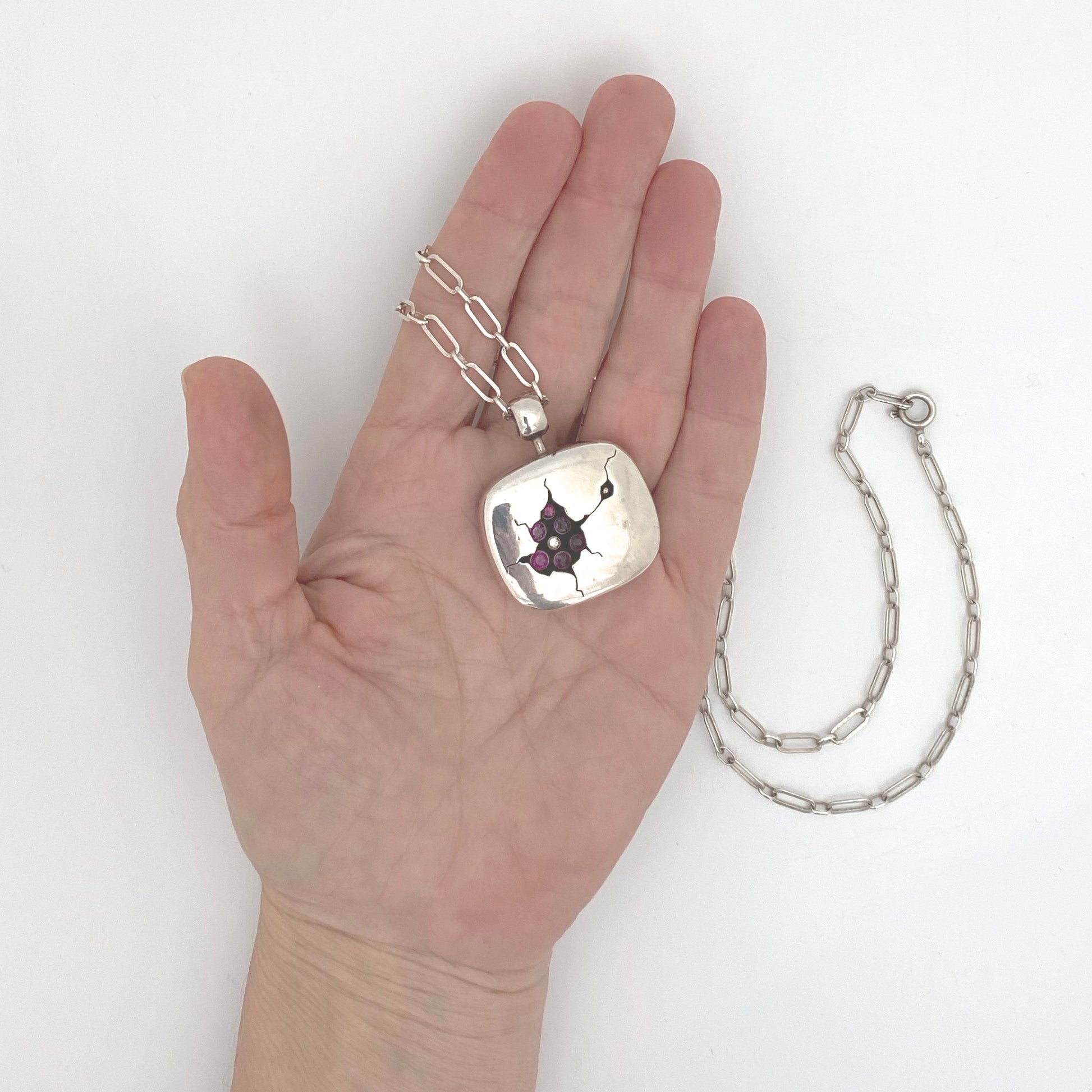 scale Walter Schluep Canada vintage silver diamond pink topaz pendant necklace Modernist art jewelry design