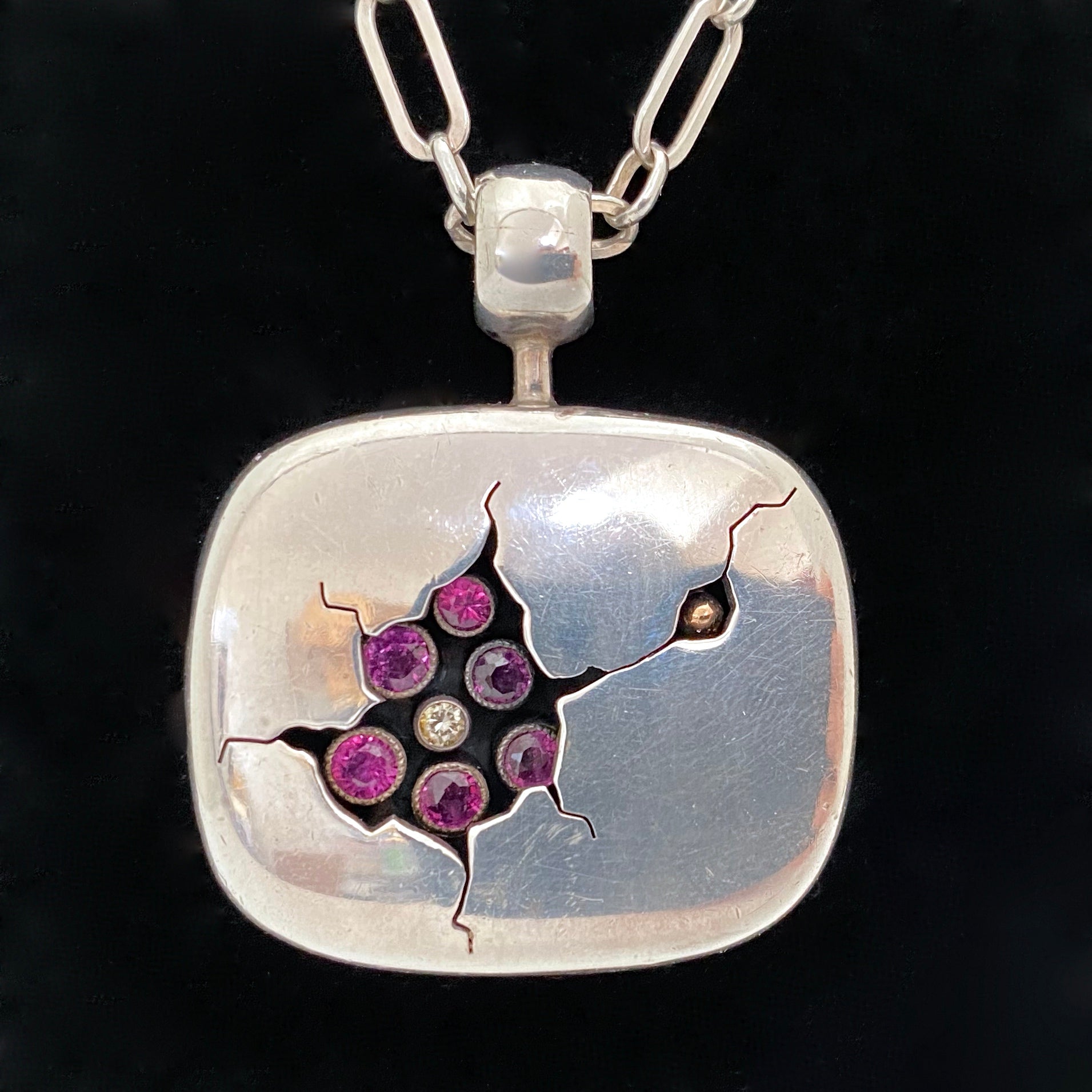 stones Walter Schluep Canada vintage silver diamond pink topaz pendant necklace Modernist art jewelry design