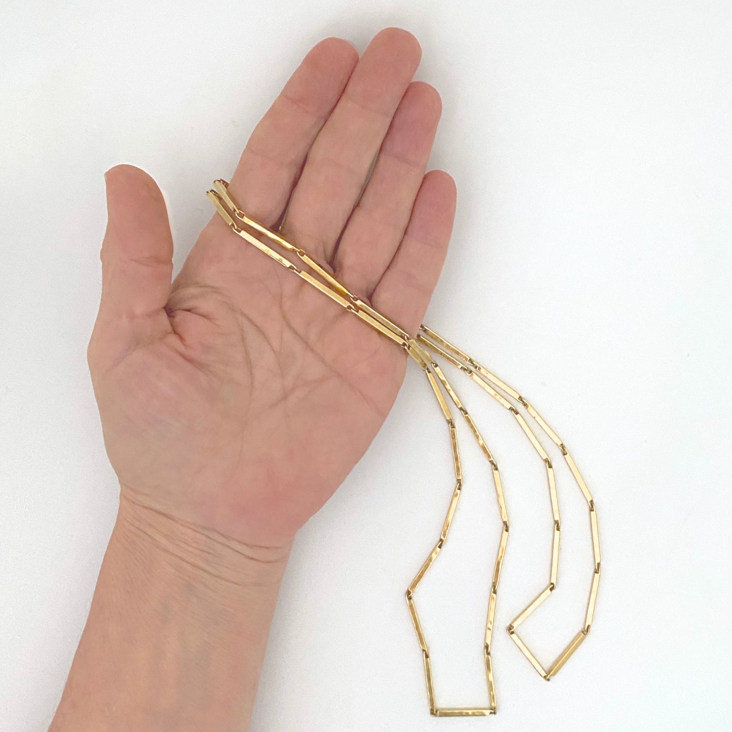 scale Walter Schluep Canada vintage 18k yellow gold long hammered link chain necklace Modernist art jewelry design