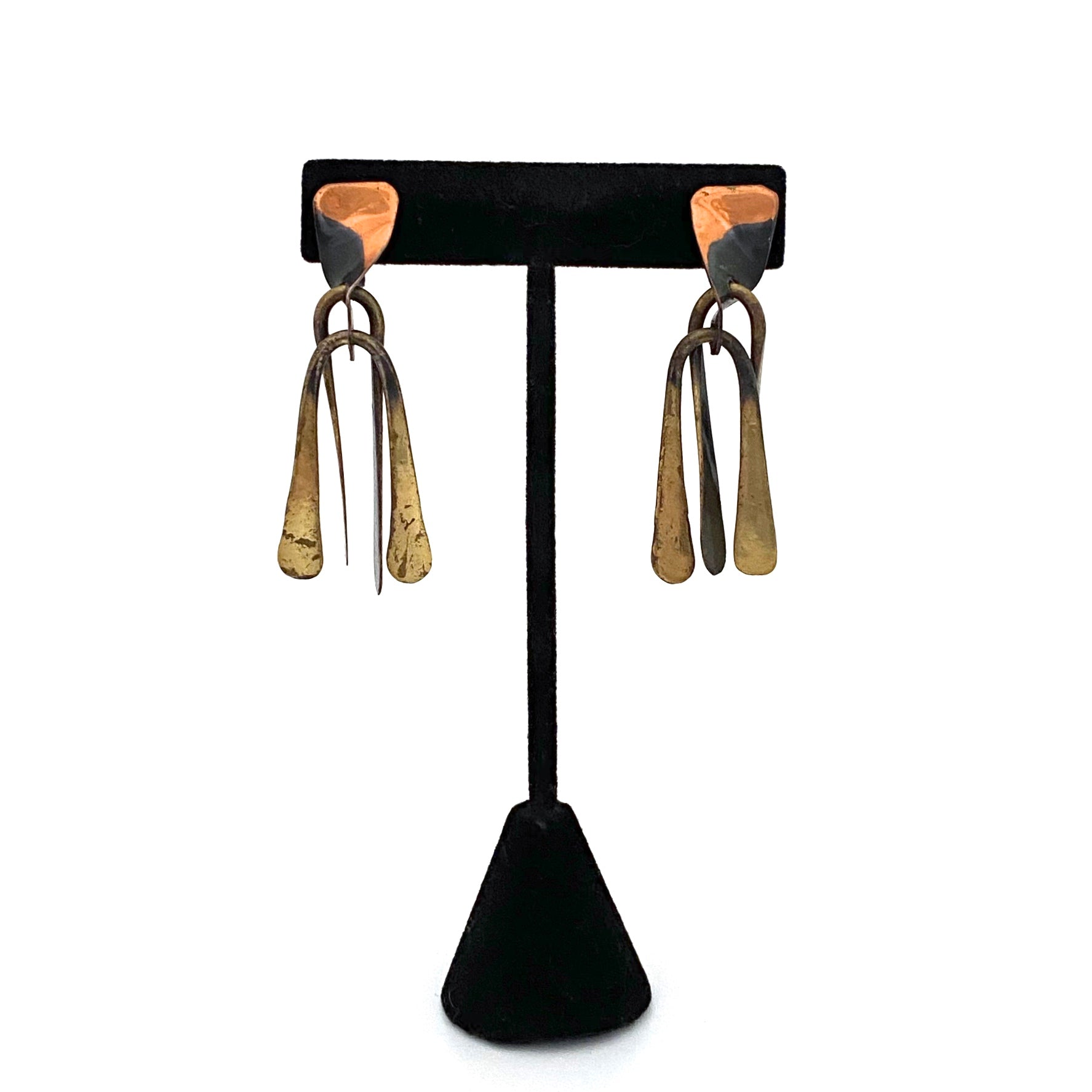 detail Art Smith USA vintage copper brass long drop earrings American Modernist jewelry design