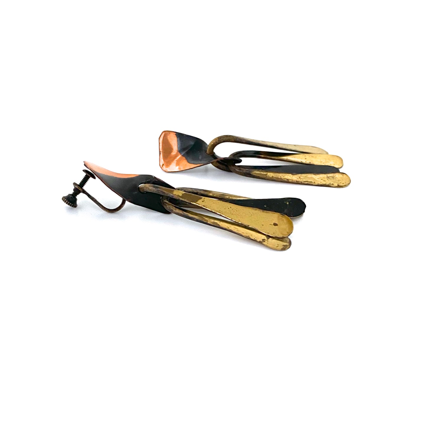 profile Art Smith USA vintage copper brass long drop earrings American Modernist jewelry design