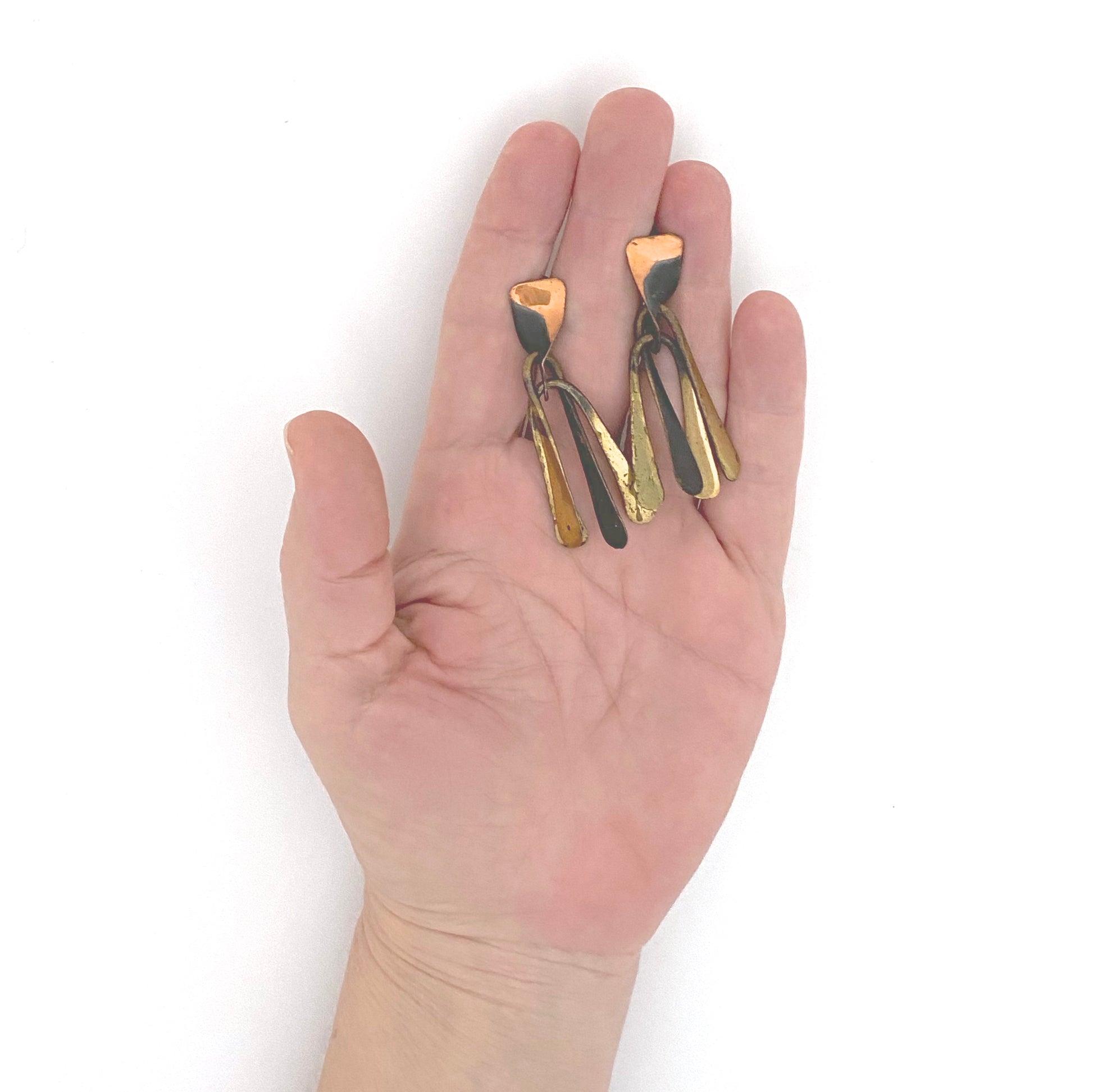 scale Art Smith USA vintage copper brass long drop earrings American Modernist jewelry design