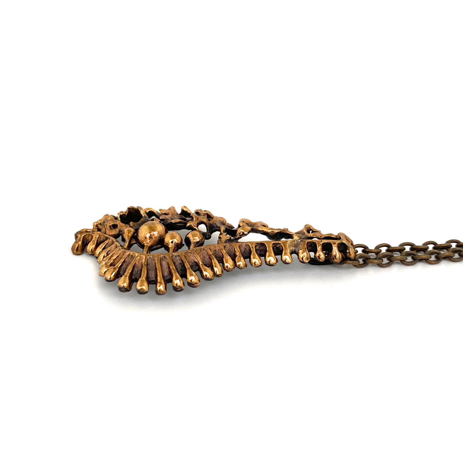 profile Valo Koru vintage bronze brutalist pendant necklace Jorma Valo Scandinavian Modernist jewelry design