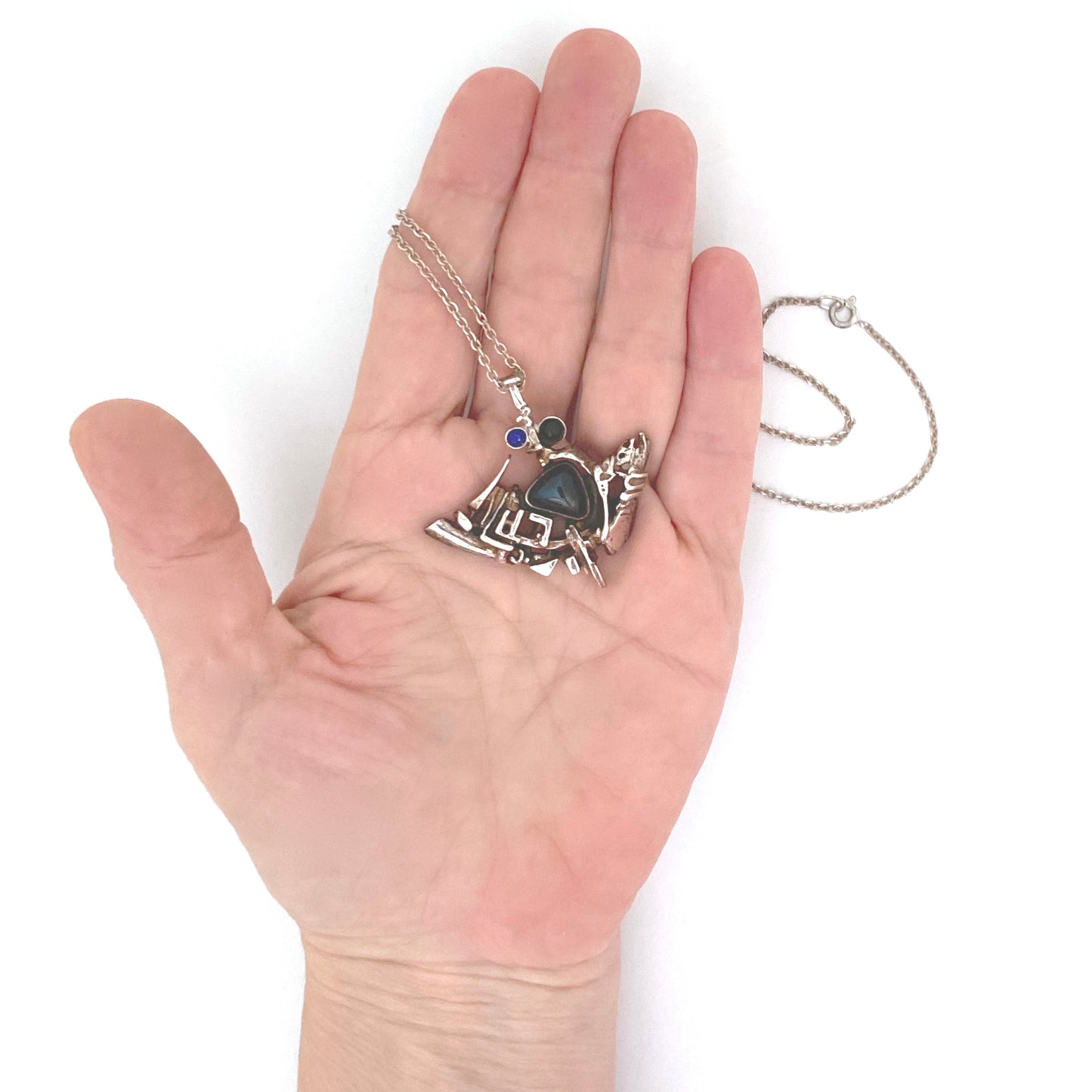 scale Juhls Norway Frank Regine vintage silver spectrolite lapis onyx pendant necklace Scandinavian Modernist jewelry design