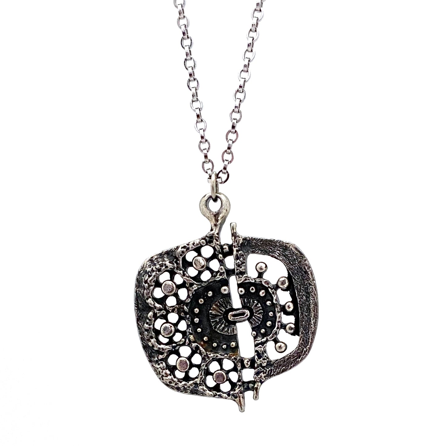 detail Guy Vidal Canada vintage brutalist pierced pewter pendant necklace Canadian jewelry design