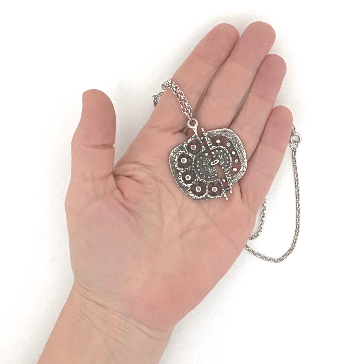 scale Guy Vidal Canada vintage brutalist pierced pewter pendant necklace Canadian jewelry design