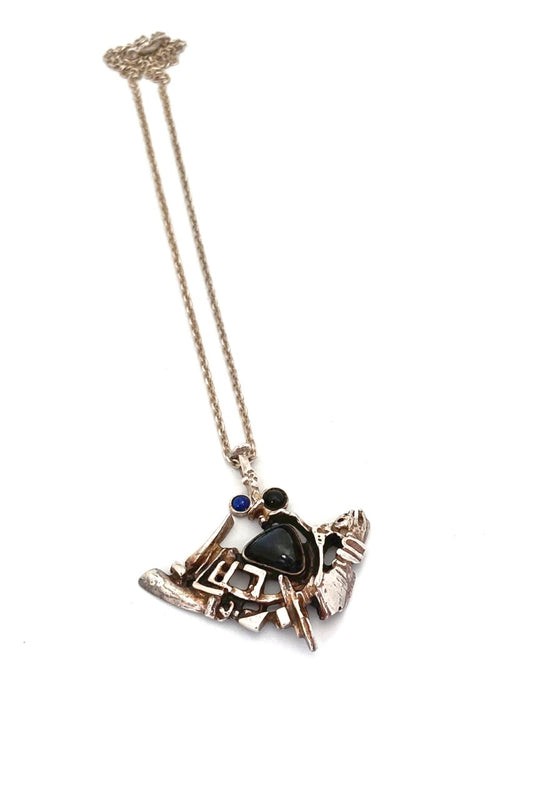 Juhls Norway Frank Regine vintage silver spectrolite lapis onyx pendant necklace Scandinavian Modernist jewelry design