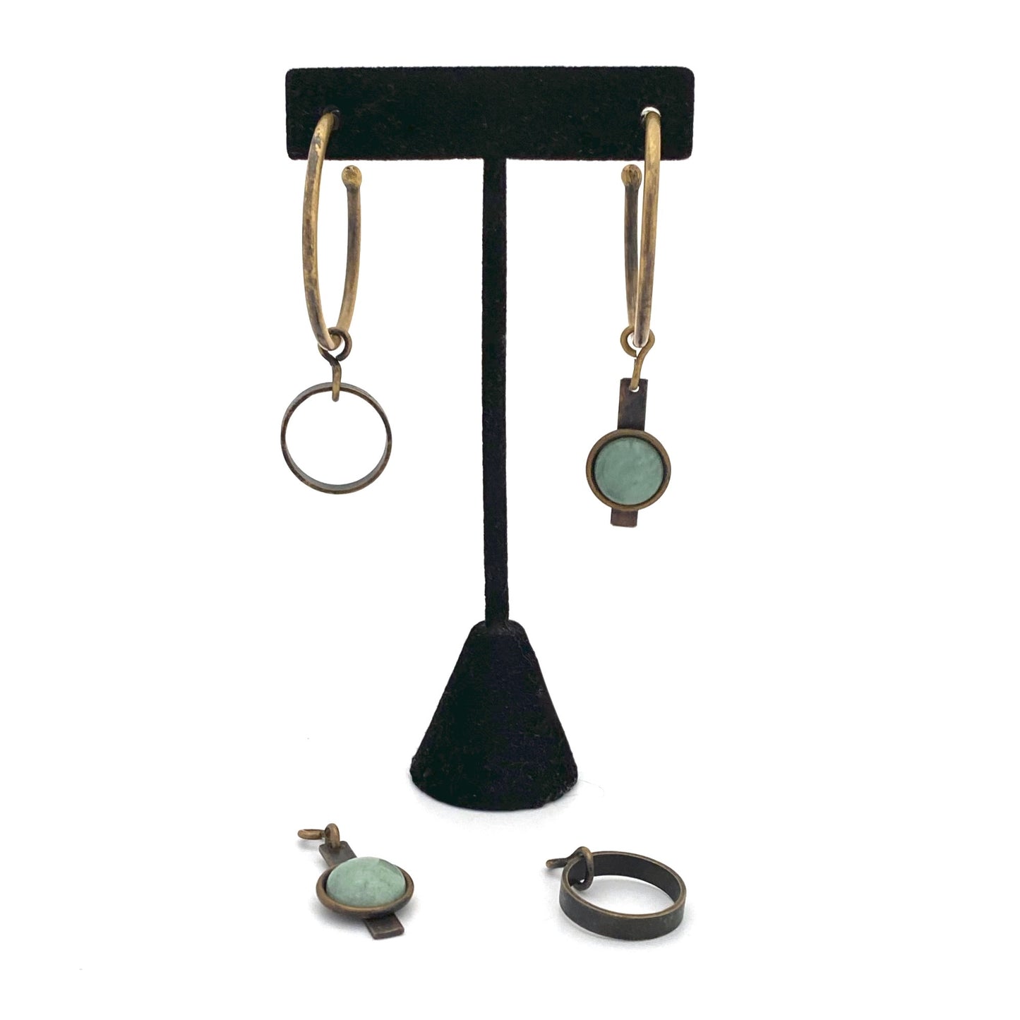 detail Martha Sturdy Canada vintage convertible brass hoop earrings with aventurine Canadian jewelry design