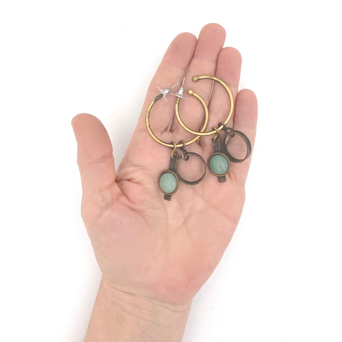 scale Martha Sturdy Canada vintage convertible brass hoop earrings with aventurine Canadian jewelry design