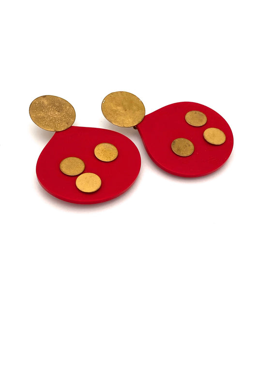 Martha Sturdy Canada vintage red resin gold tone dots large postmodern drop earrings Canadian jewelry design
