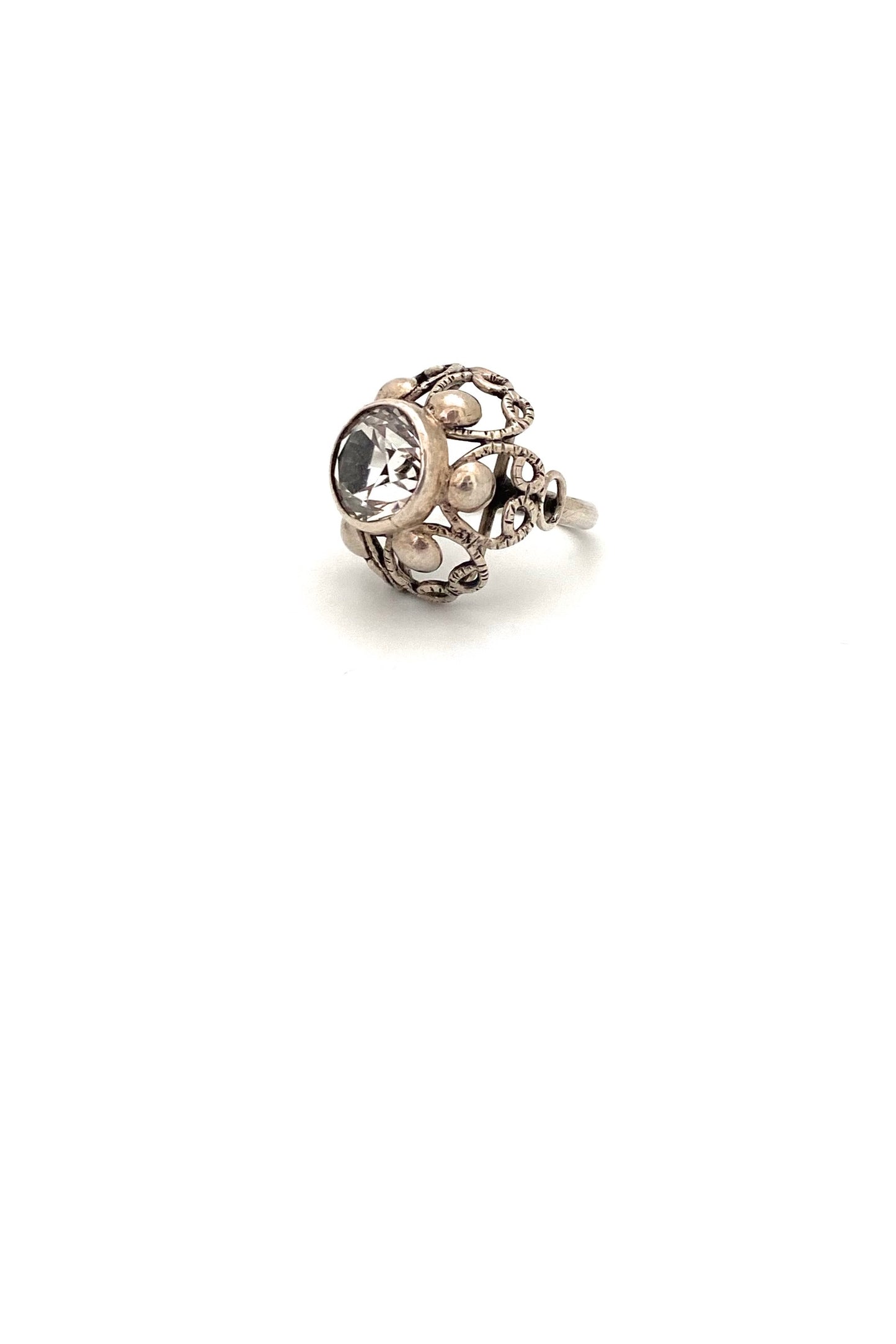 ORNO Poland vintage silver crystal large openwork ring Modernist jewelry design
