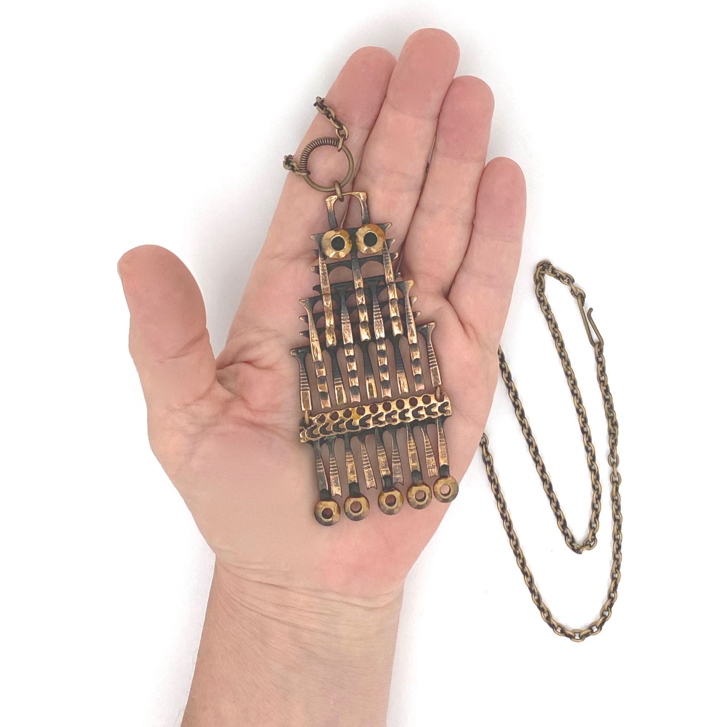 scale Pentti Sarpaneva Finland vintage bronze large kinetic owl pendant necklace Scandinavian Modernist jewelry design