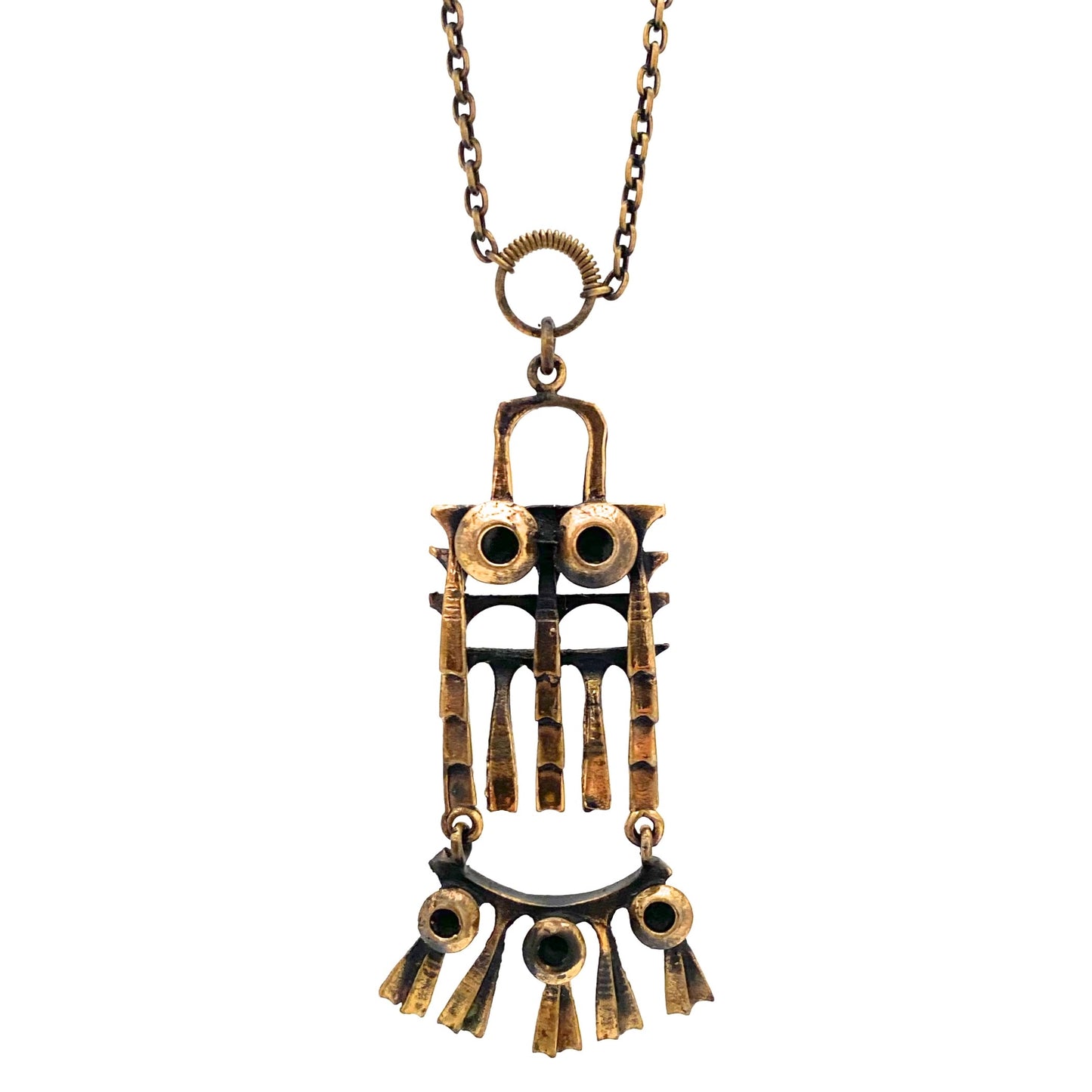 detail Pentti Sarpaneva Finland vintage bronze kinetic owl pendant necklace small Scandinavian Modernist jewelry design