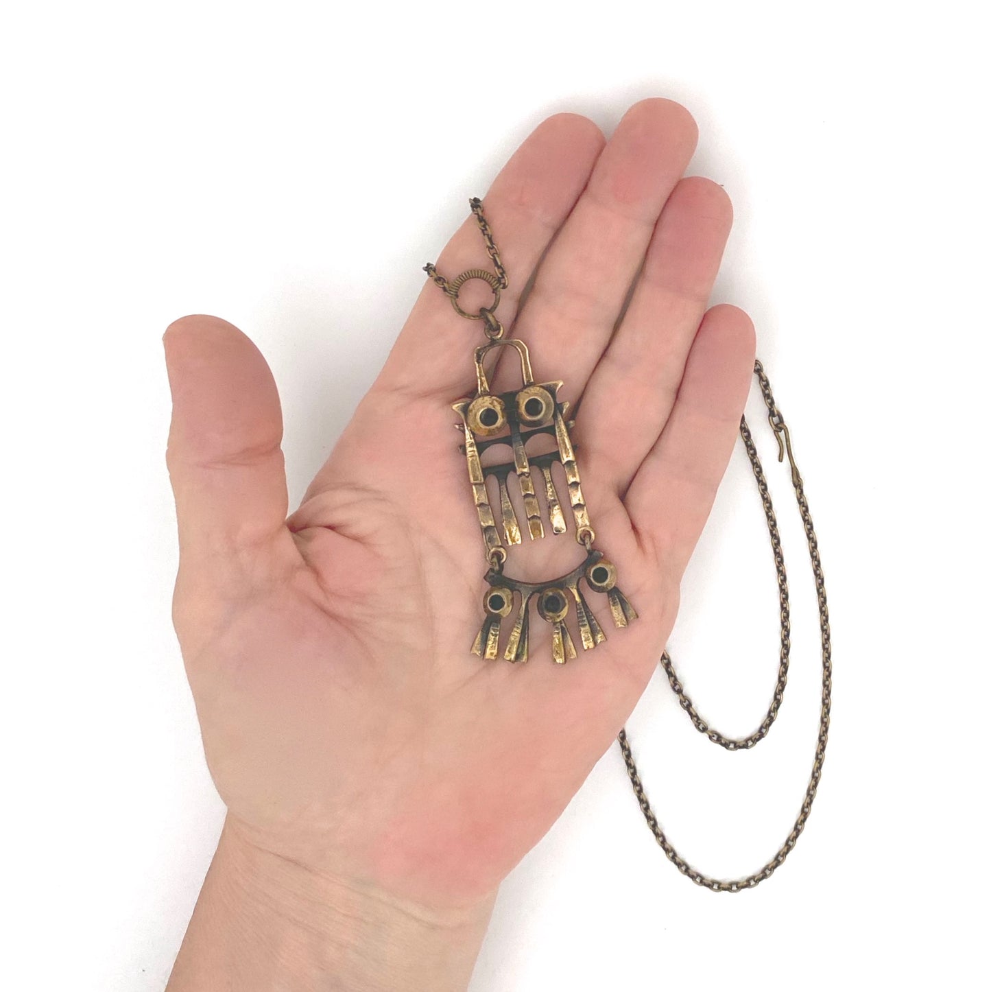 scale Pentti Sarpaneva Finland vintage bronze kinetic owl pendant necklace small Scandinavian Modernist jewelry design