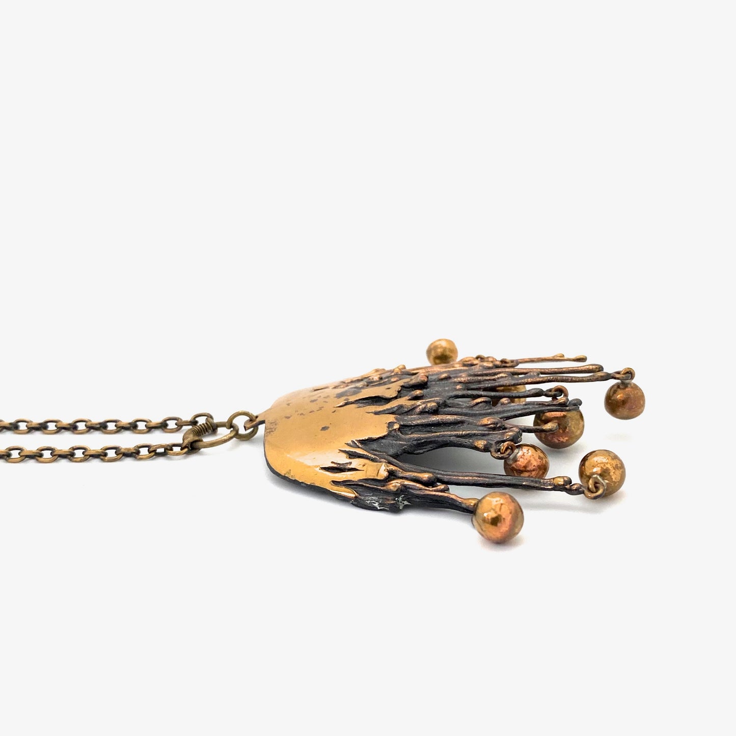 profile Pentti Sarpaneva Finland vintage bronze large kinetic fringe pendant necklace Scandinavian Modernist jewelry design