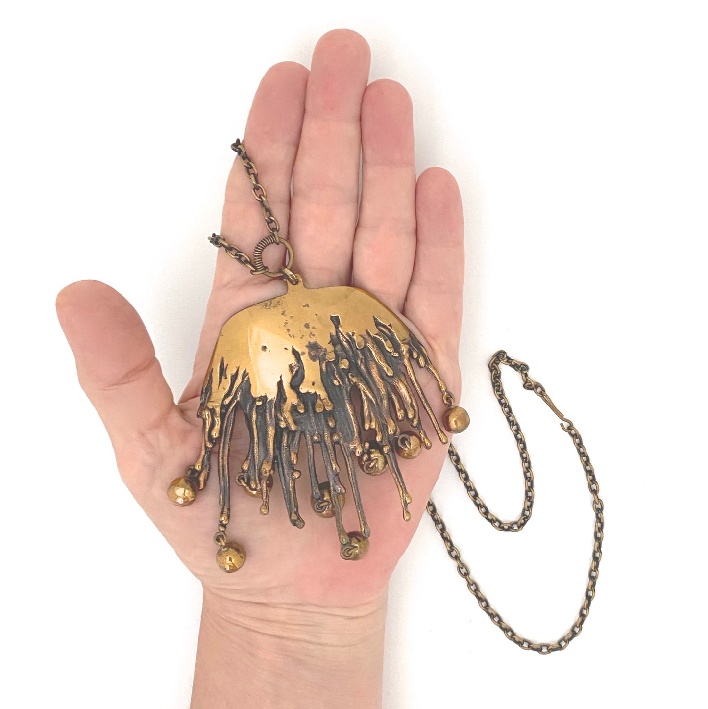 scale Pentti Sarpaneva Finland vintage bronze large kinetic fringe pendant necklace Scandinavian Modernist jewelry design