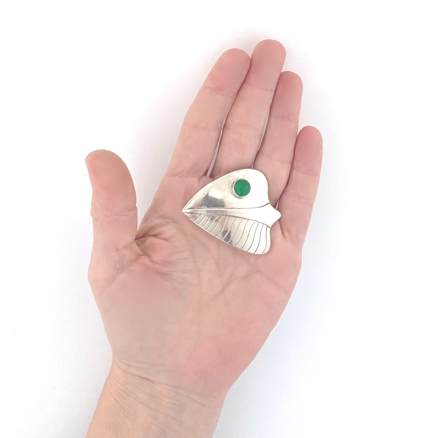 scale vintage Scandinavian silver chrysoprase brooch Anton Michelsen Sweden Denmark Per Sköld 1954