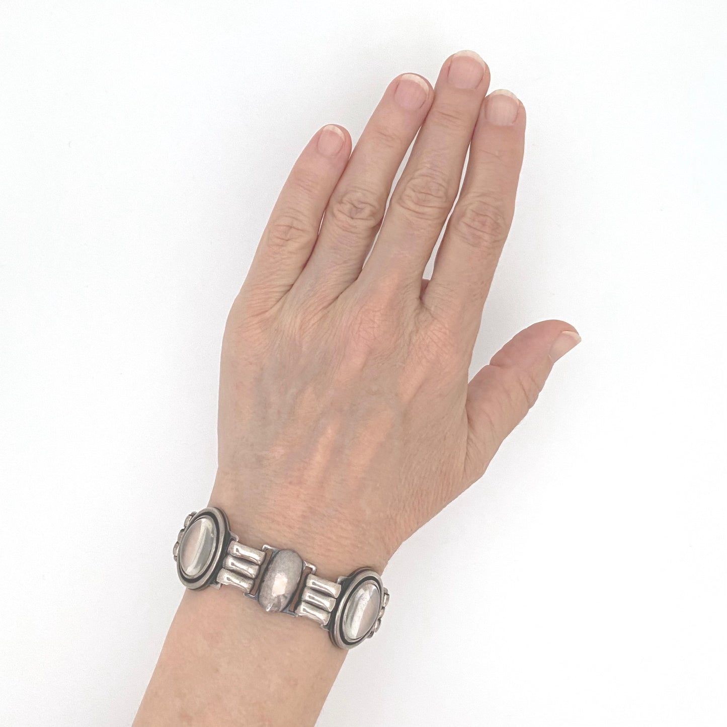 scale Poland vintage silver rock crystal panel link bracelet Modernist jewelry design