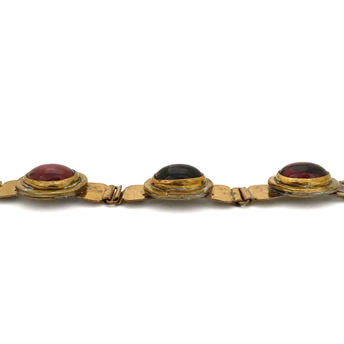 profile Rafael Alfandary Canada vintage brass mirrored purple glass panel link bracelet Canadian Modernist jewelry design