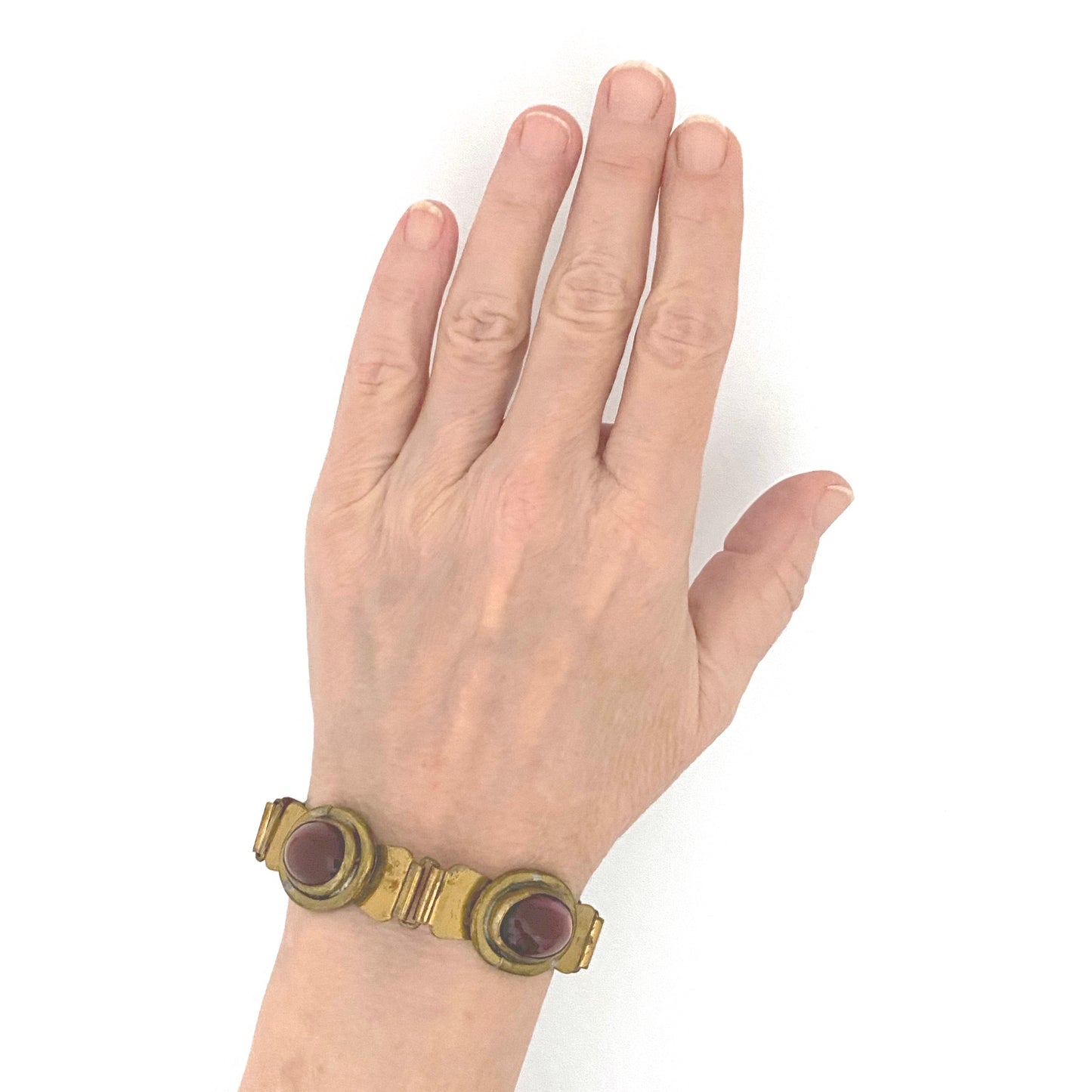 scale Rafael Alfandary Canada vintage brass mirrored purple glass panel link bracelet Canadian Modernist jewelry design