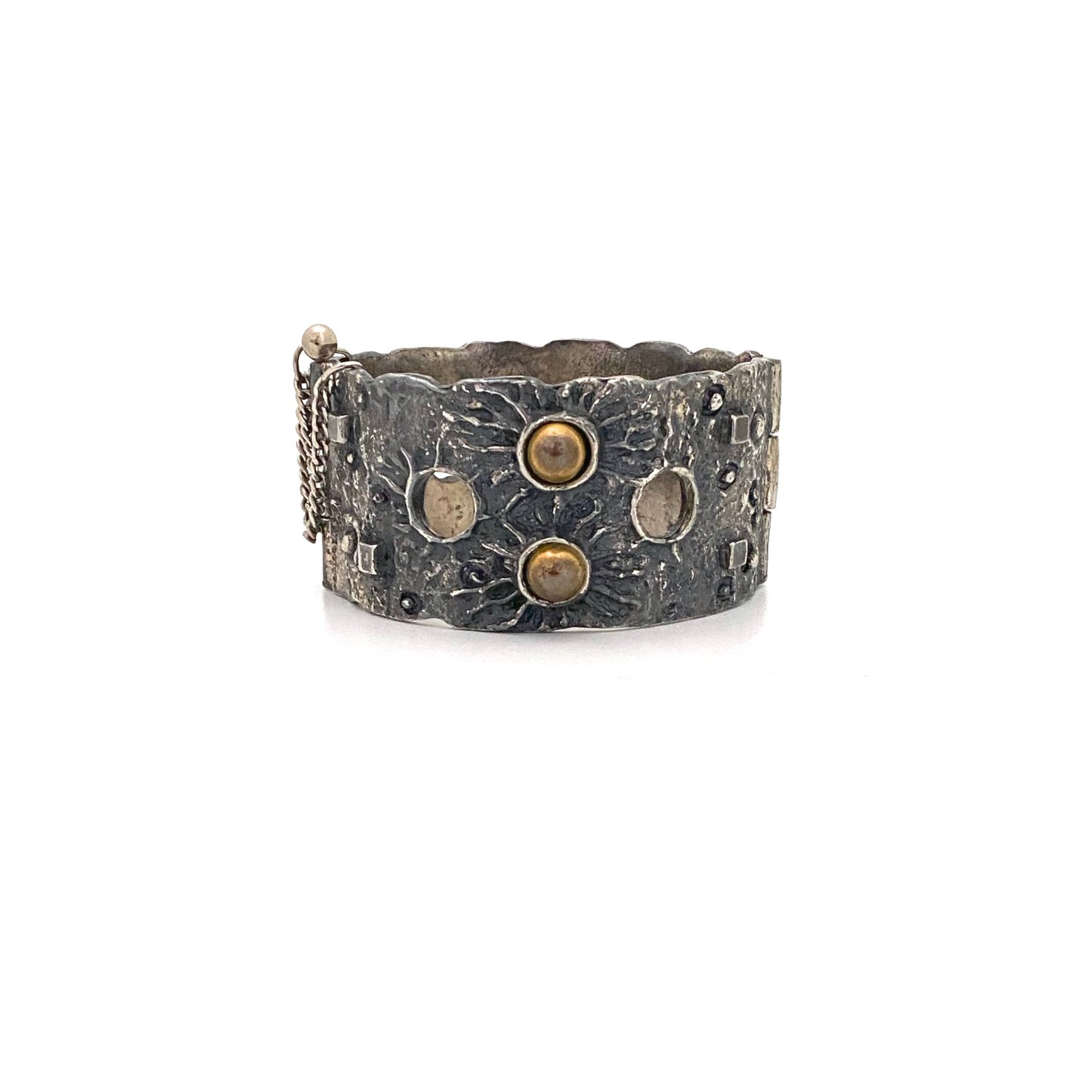 Robert Larin brutalist pewter hinged bracelet with brass spheres