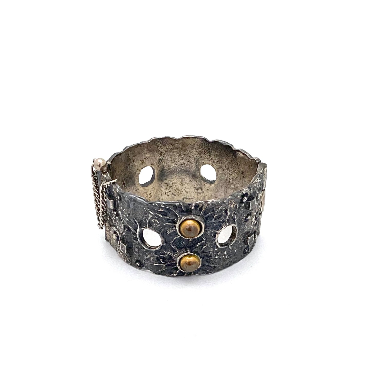Robert Larin brutalist pewter hinged bracelet with brass spheres