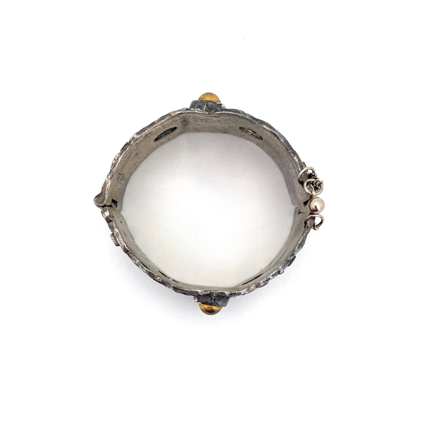 Robert Larin brutalist pewter hinged bracelet with brass spheres