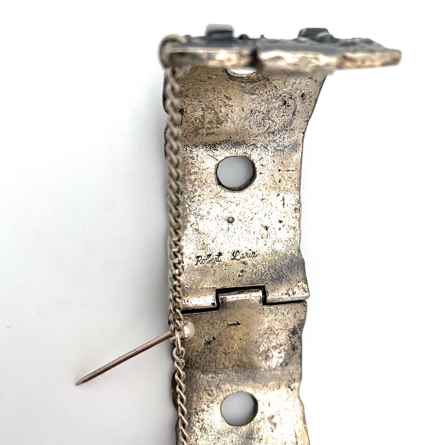 Robert Larin brutalist pewter hinged bracelet with brass spheres