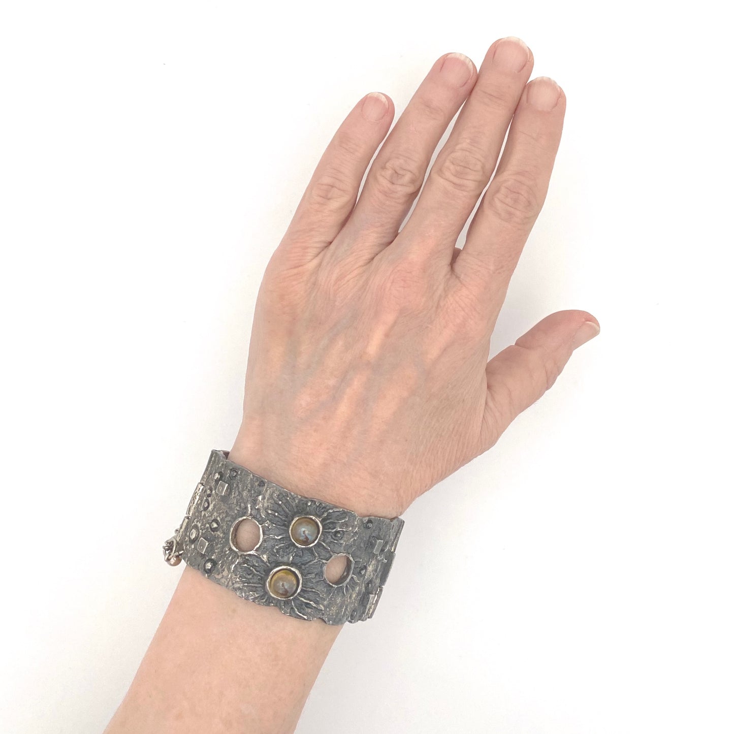 Robert Larin brutalist pewter hinged bracelet with brass spheres