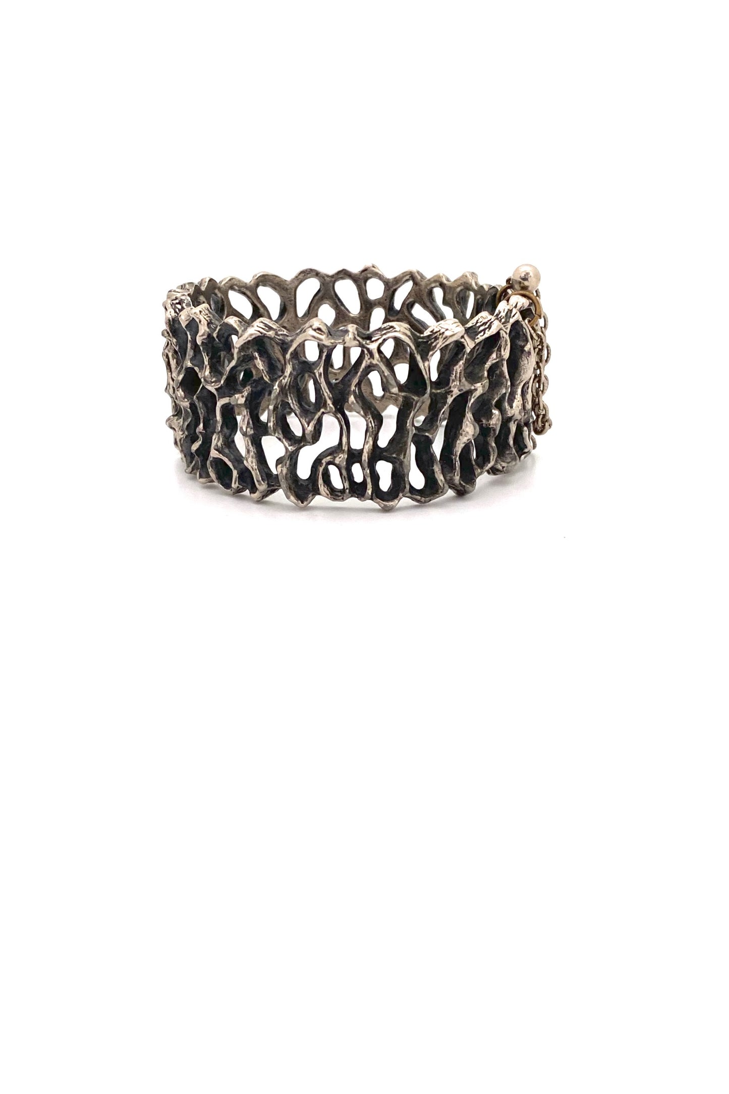 Robert Larin Canada vintage brutalist pewter openwork hinged bracelet Canadian Modernist jewelry design