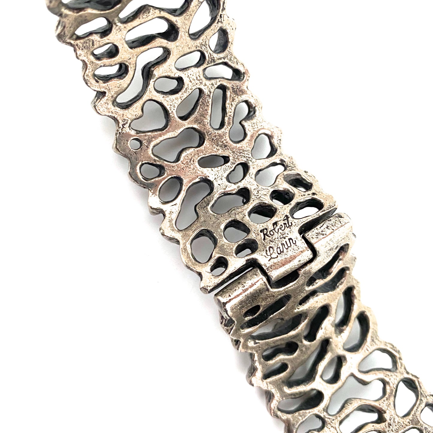 Robert Larin brutalist pewter hinged openwork bracelet