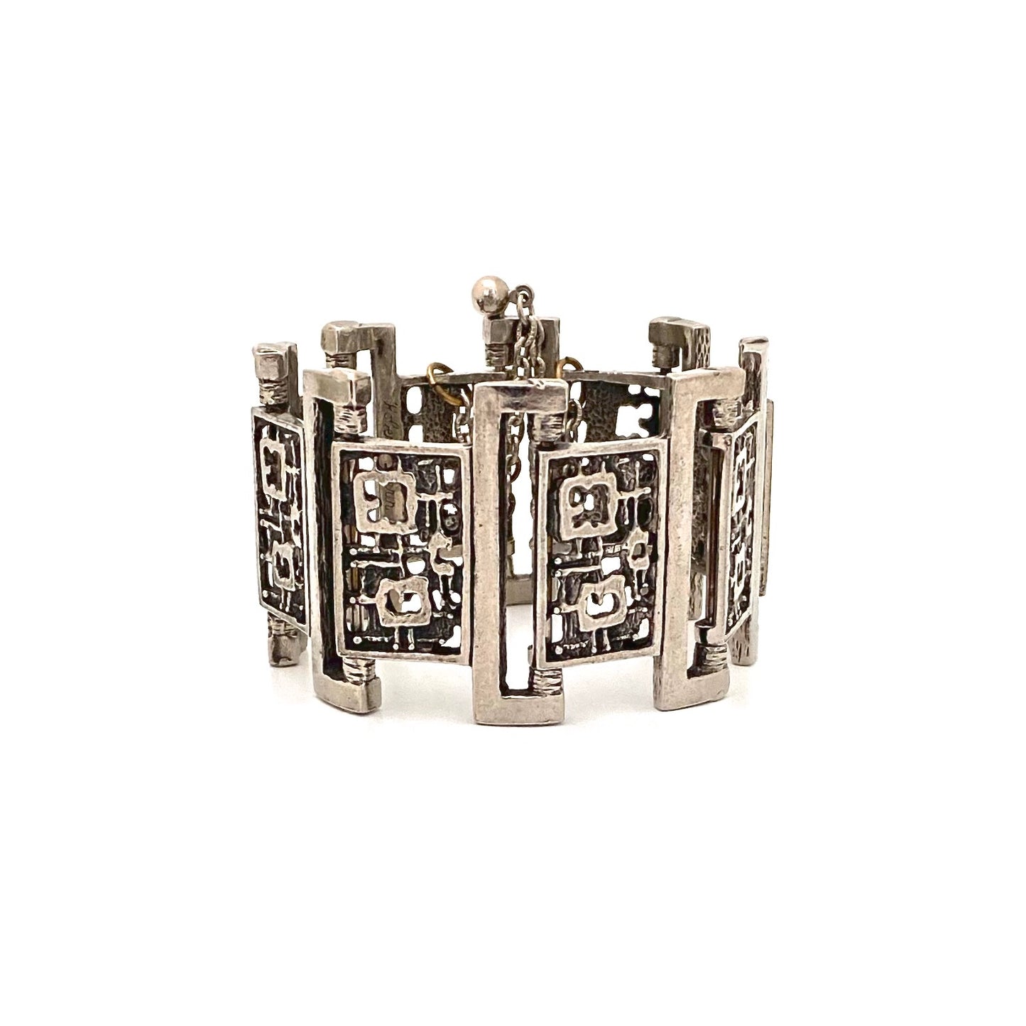 Robert Larin wide brutalist pewter openwork panel link bracelet