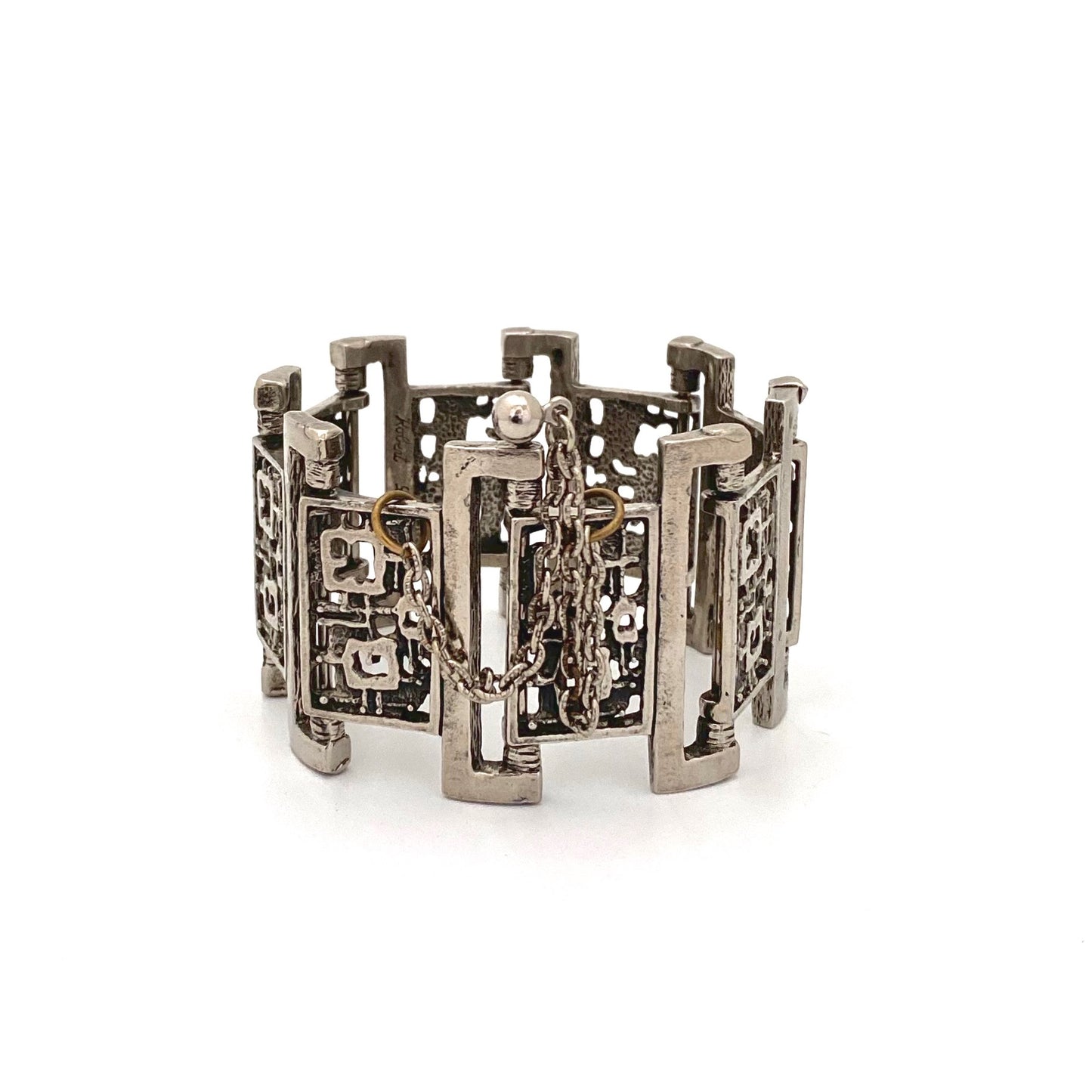 Robert Larin wide brutalist pewter openwork panel link bracelet