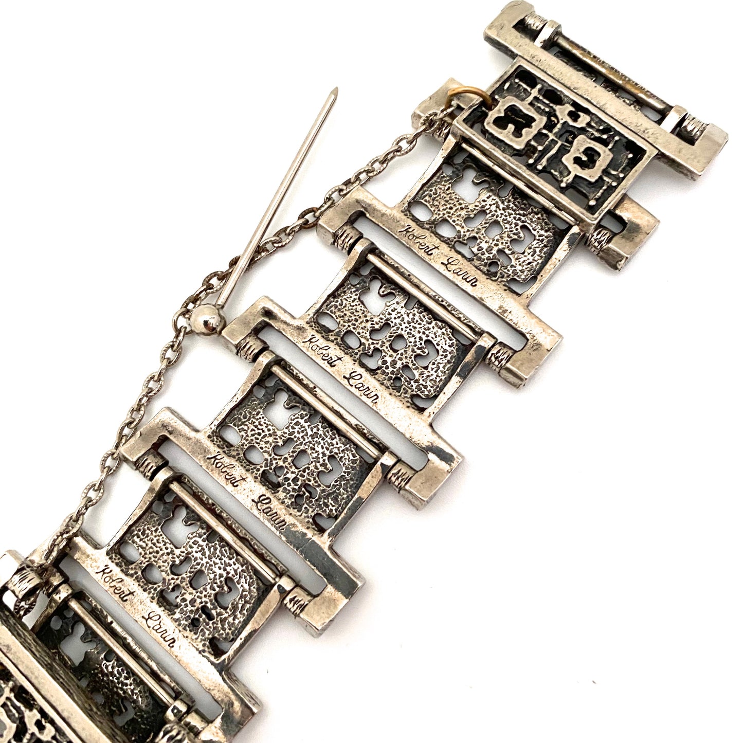 Robert Larin wide brutalist pewter openwork panel link bracelet