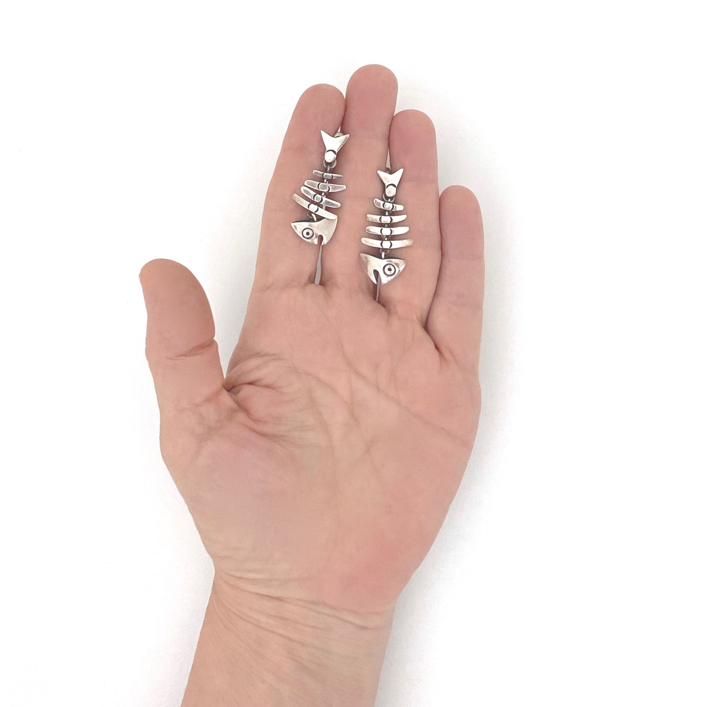 scale Taxco Mexico vintage kinetic silver fish skeleton earrings after Antonio Pineda design