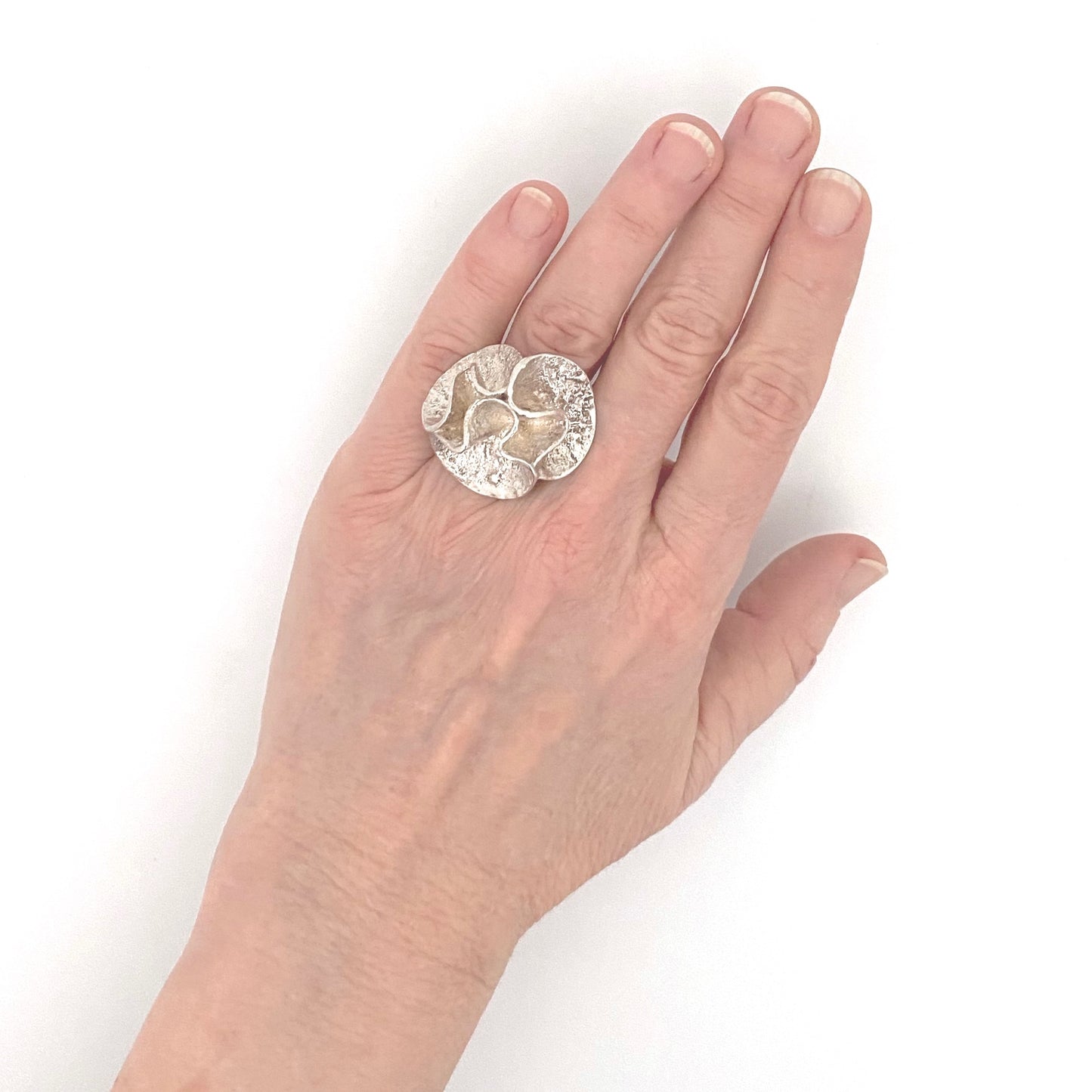 scale Mema Sweden vintage silver extra large Water Lily ring Theresia Hvorslev 1975 Scandinavian Modernist jewelry design