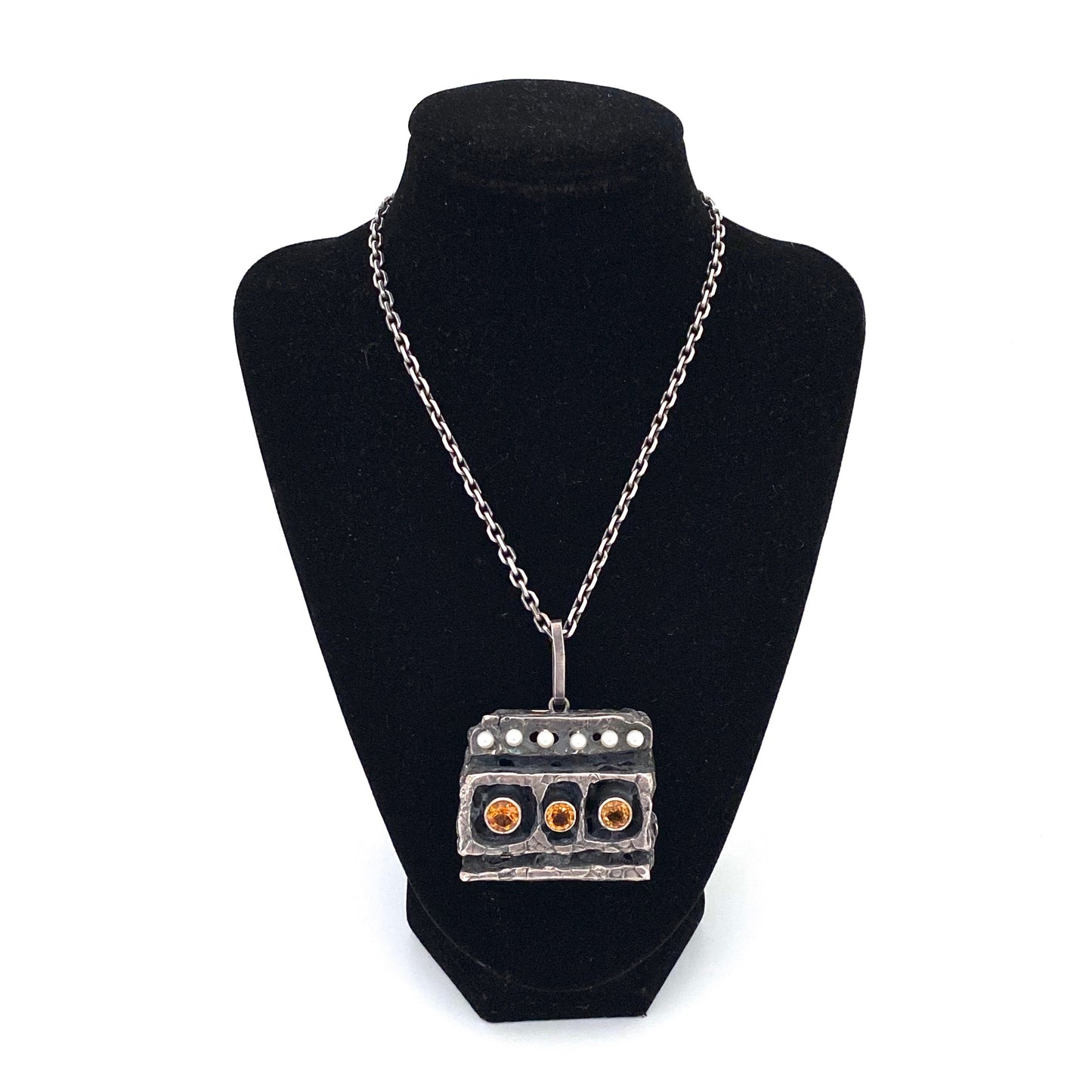 Walter Schluep large brutalist silver, citrine, pearl & 18k gold pendant necklace