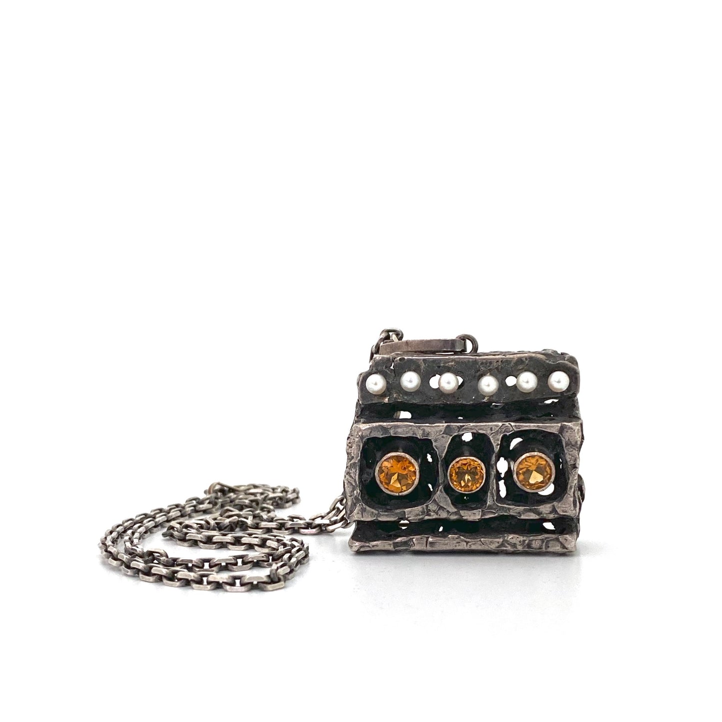 detail Walter Schluep Canada extra large vintage silver citrine pearls gold sculptural pendant necklace Canadian jewelry design