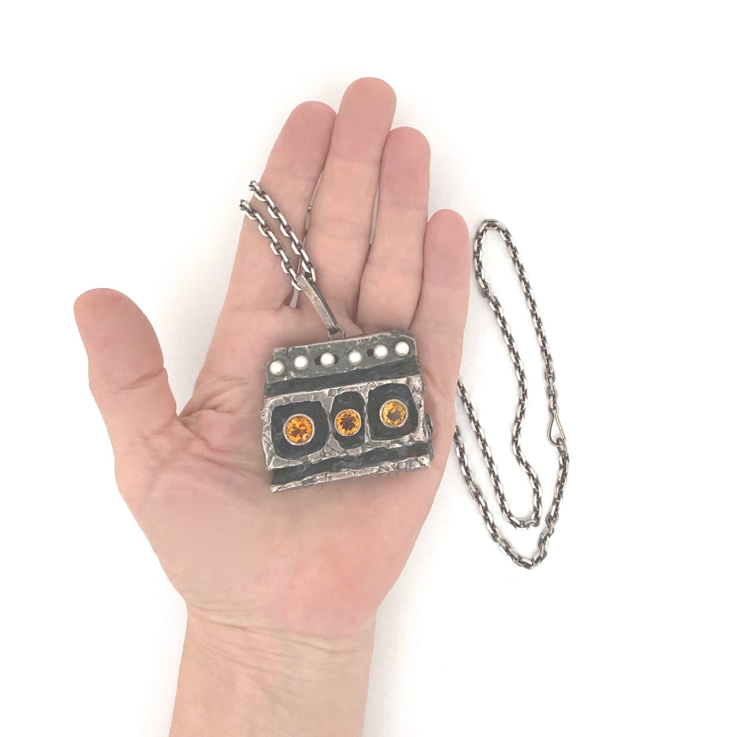 scale Walter Schluep Canada extra large vintage silver citrine pearls gold sculptural pendant necklace Canadian jewelry design