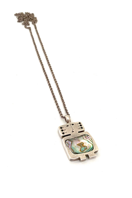 Walter Schluep Canada vintage heavy silver enamel abalone person pendant necklace 1980 Canadian Modernist jewelry design