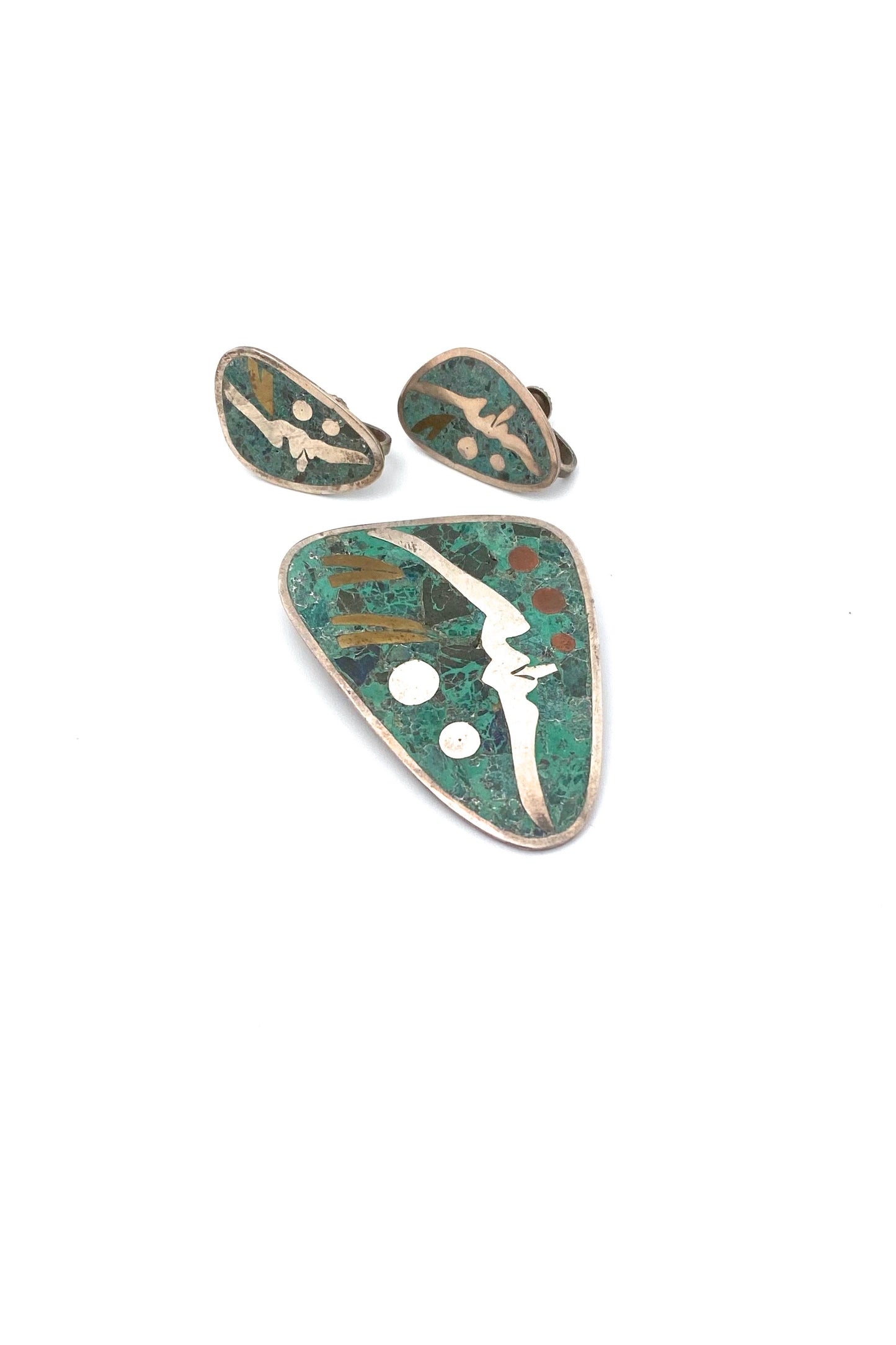 vintage Taxco Mexico silver and mosaico azteca face brooch earrings set
