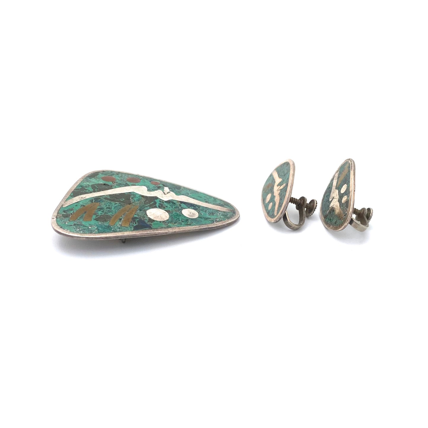 profile vintage Taxco Mexico silver and mosaico azteca face brooch earrings set