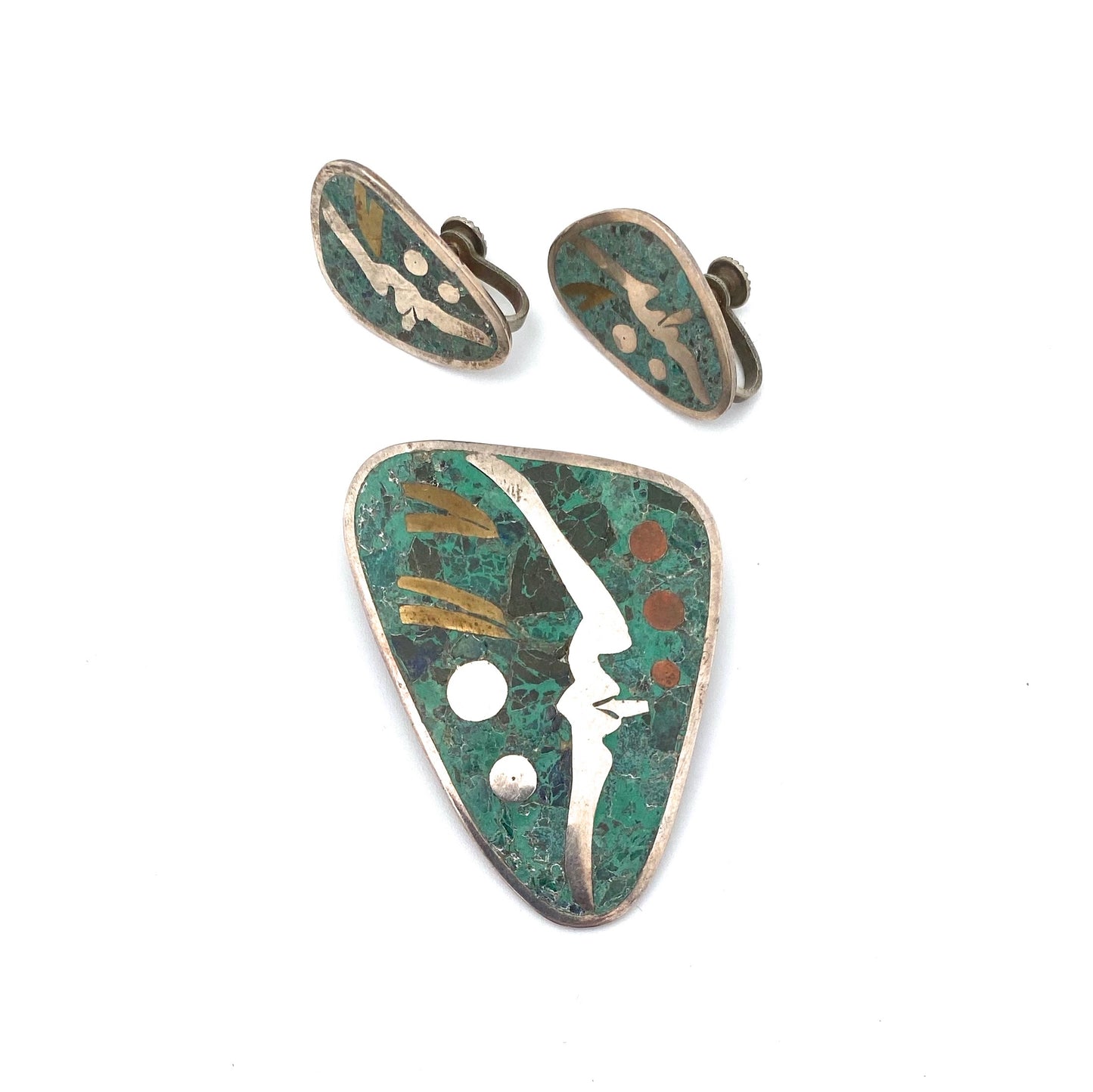 silver & mosaico azteca face brooch & earrings set ~ Taxco