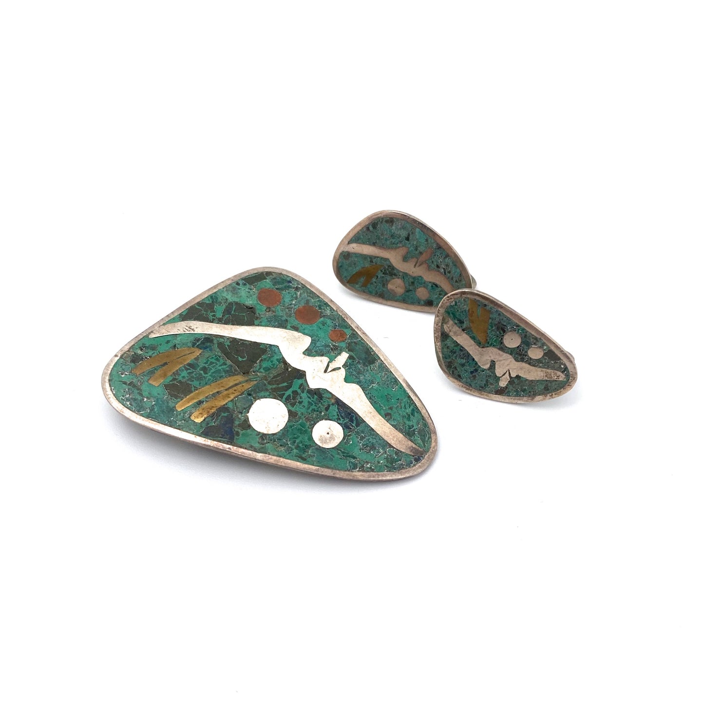 detail vintage Taxco Mexico silver and mosaico azteca face brooch earrings set