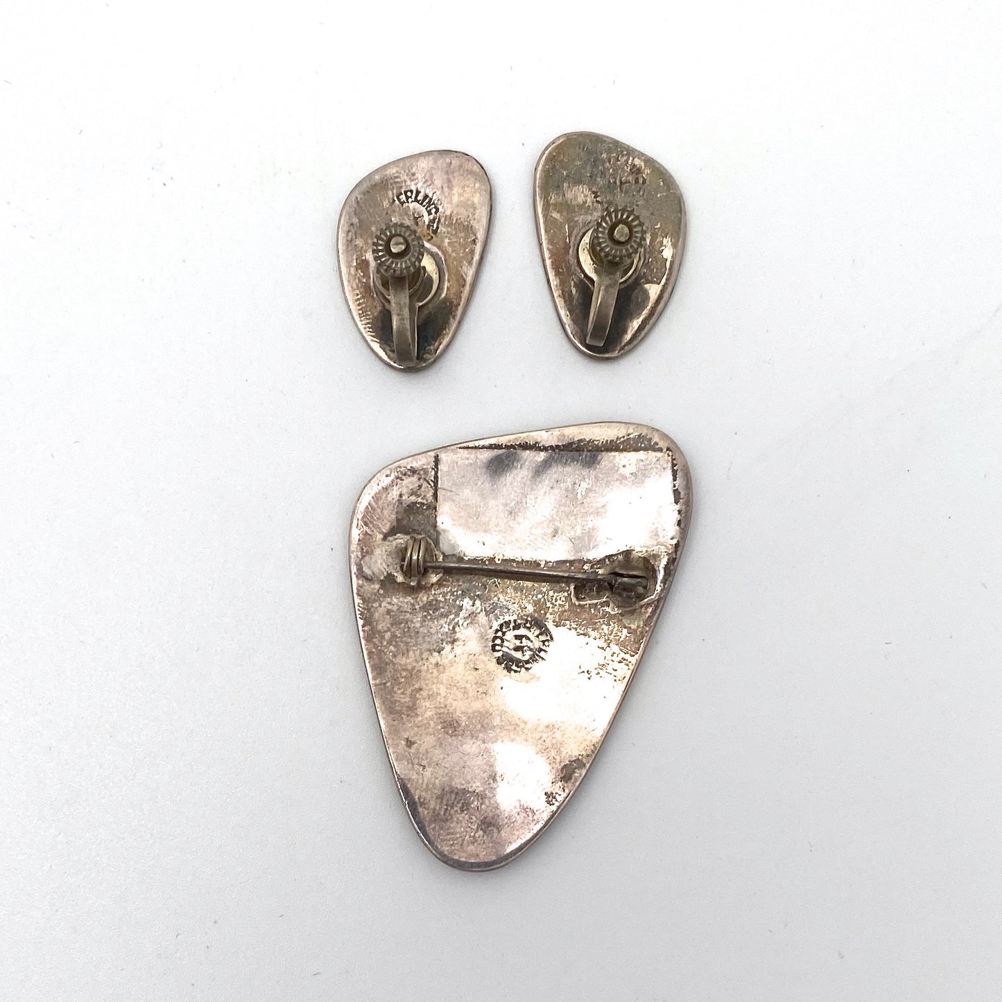 silver & mosaico azteca face brooch & earrings set ~ Taxco