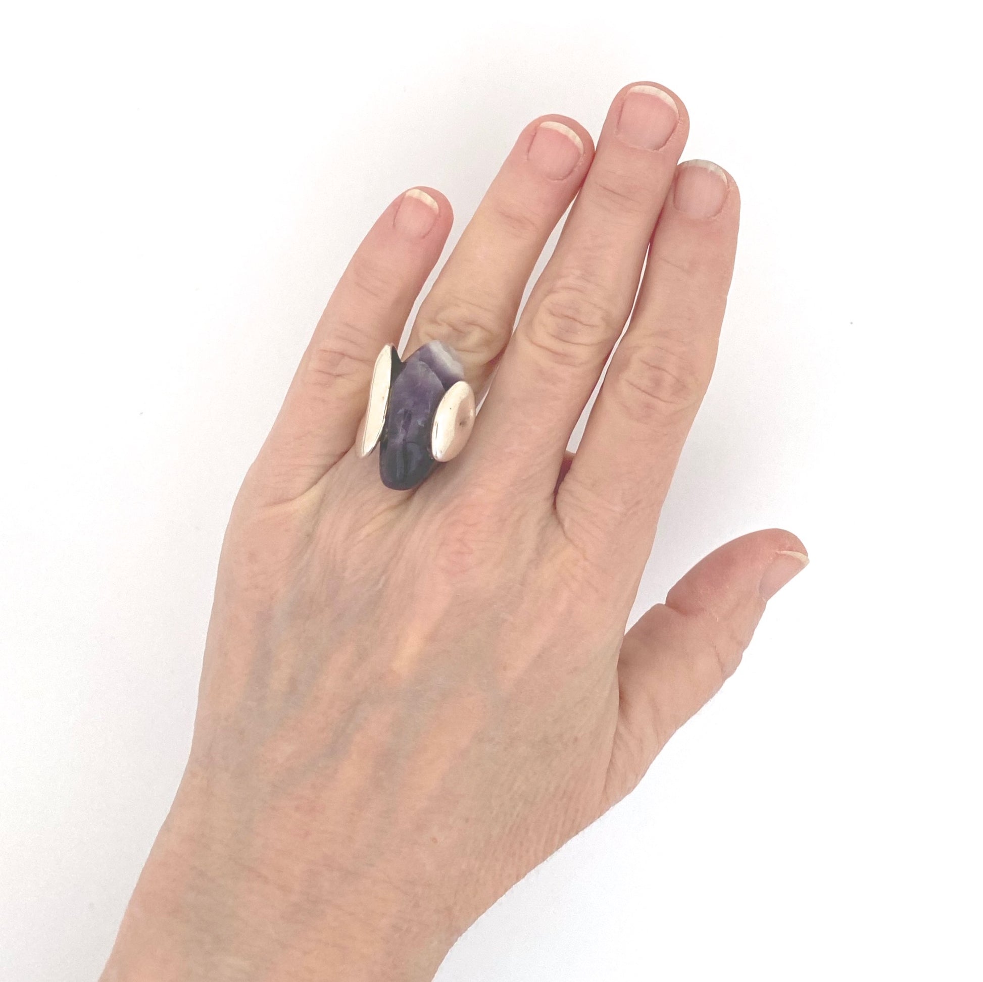 scale vintage silver amethyst large brutalist ring Modernist jewelry design