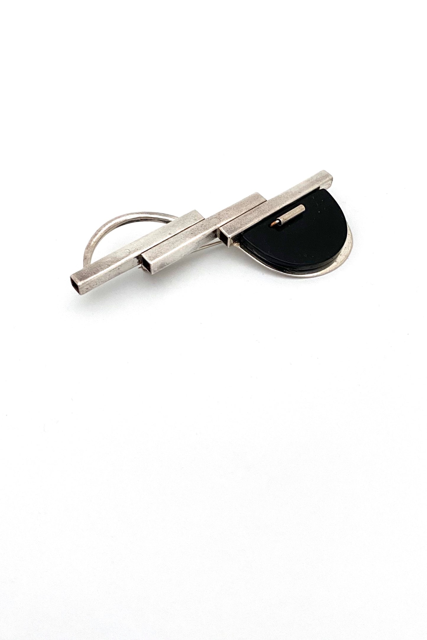 vintage postmodern long silver and onyx brooch signed J Allan