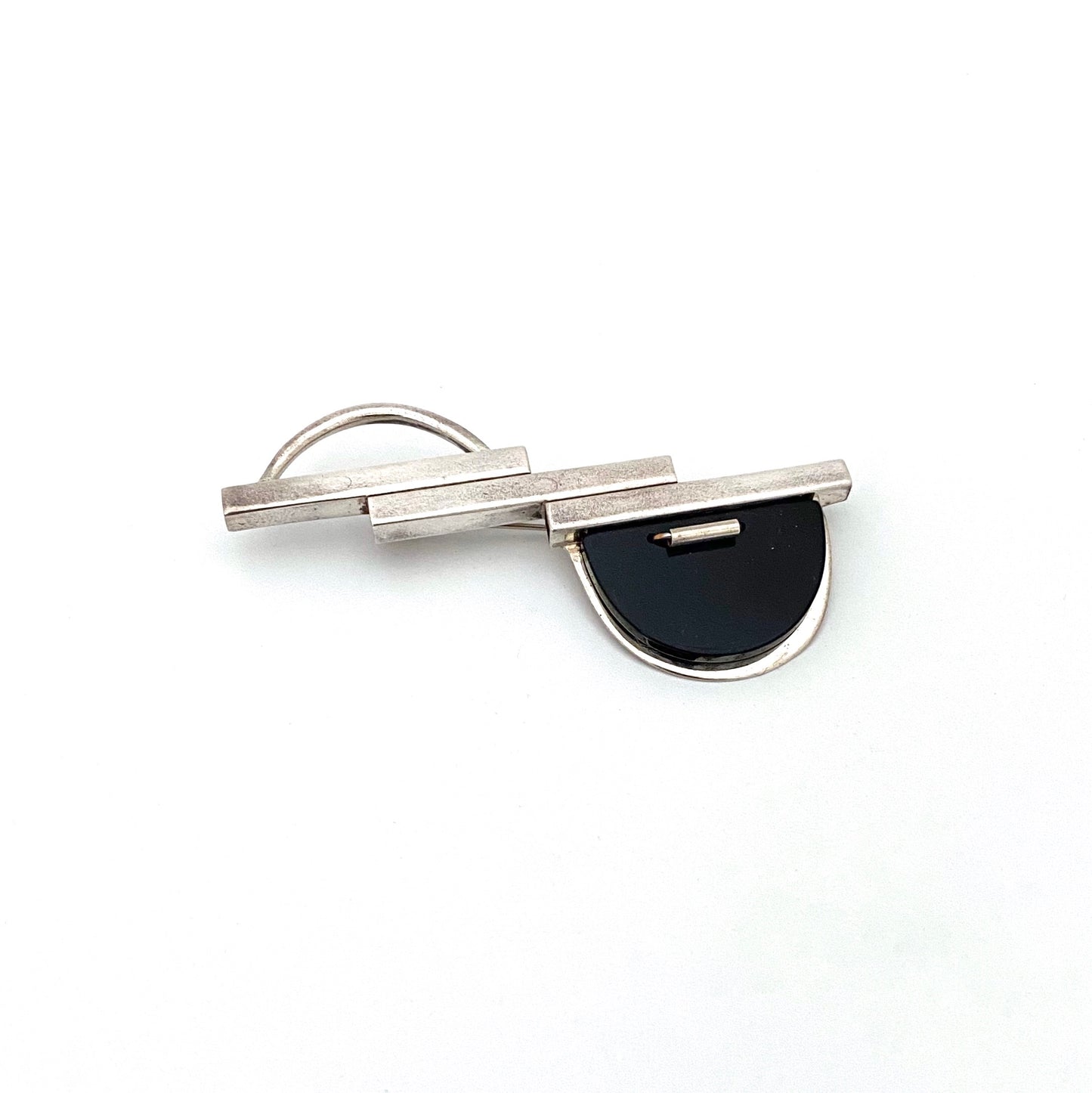 postmodern silver & onyx brooch ~ signed