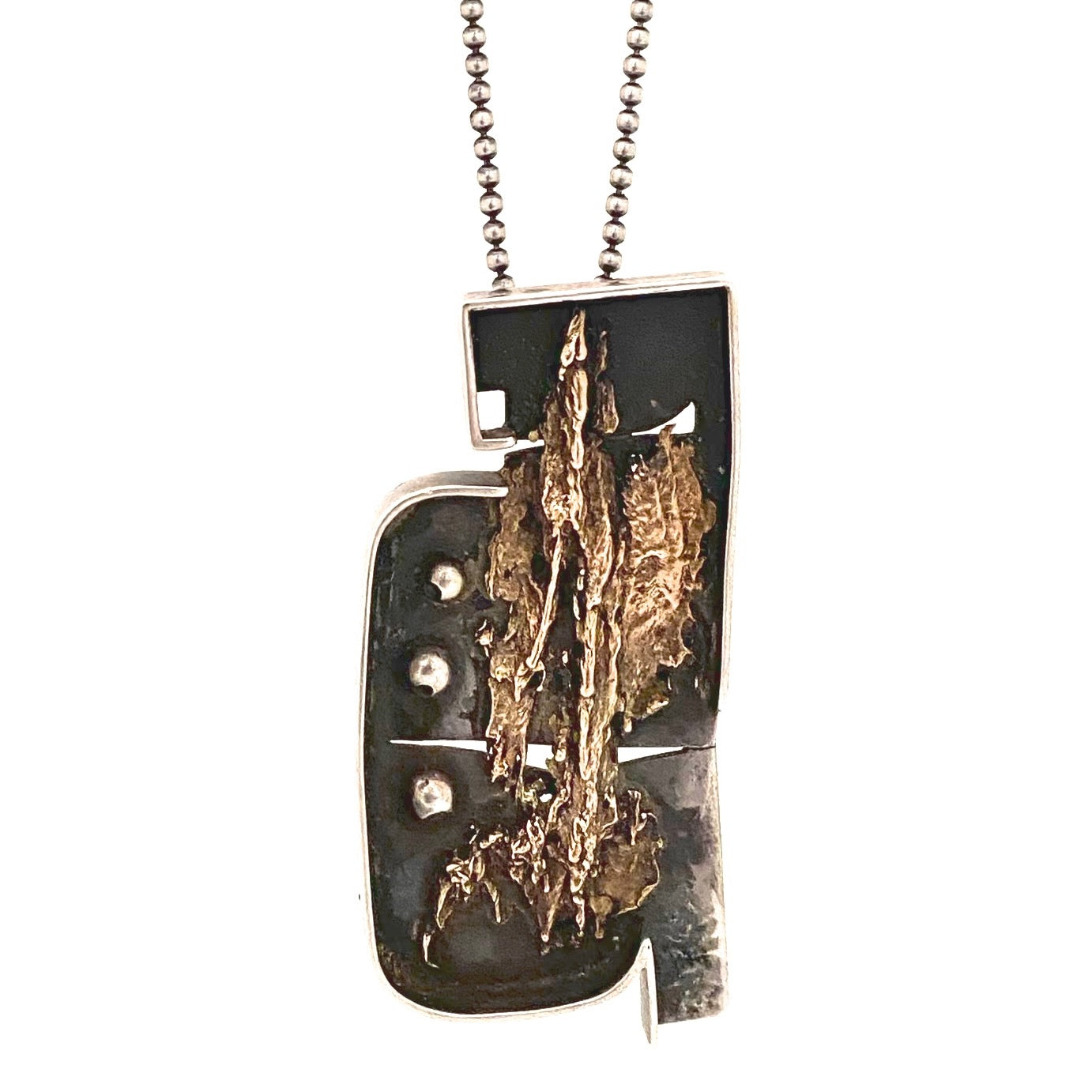 detail vintage silver 14k gold large brutalist pendant necklace studio made Modernist jewelry design